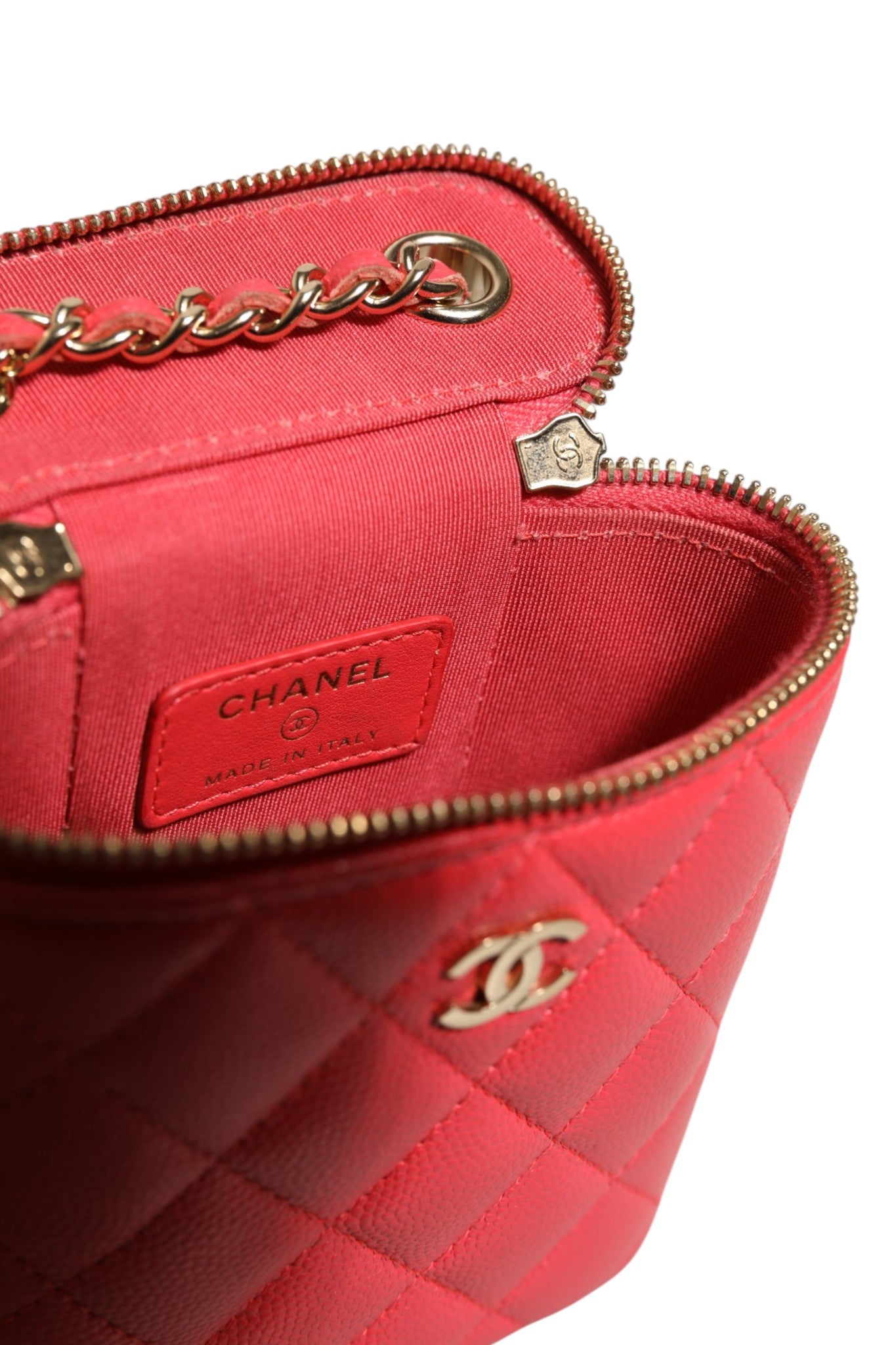 Chanel Red Caviar Quilted Small Vertical Coco Beauty Vanity Case with Chain
