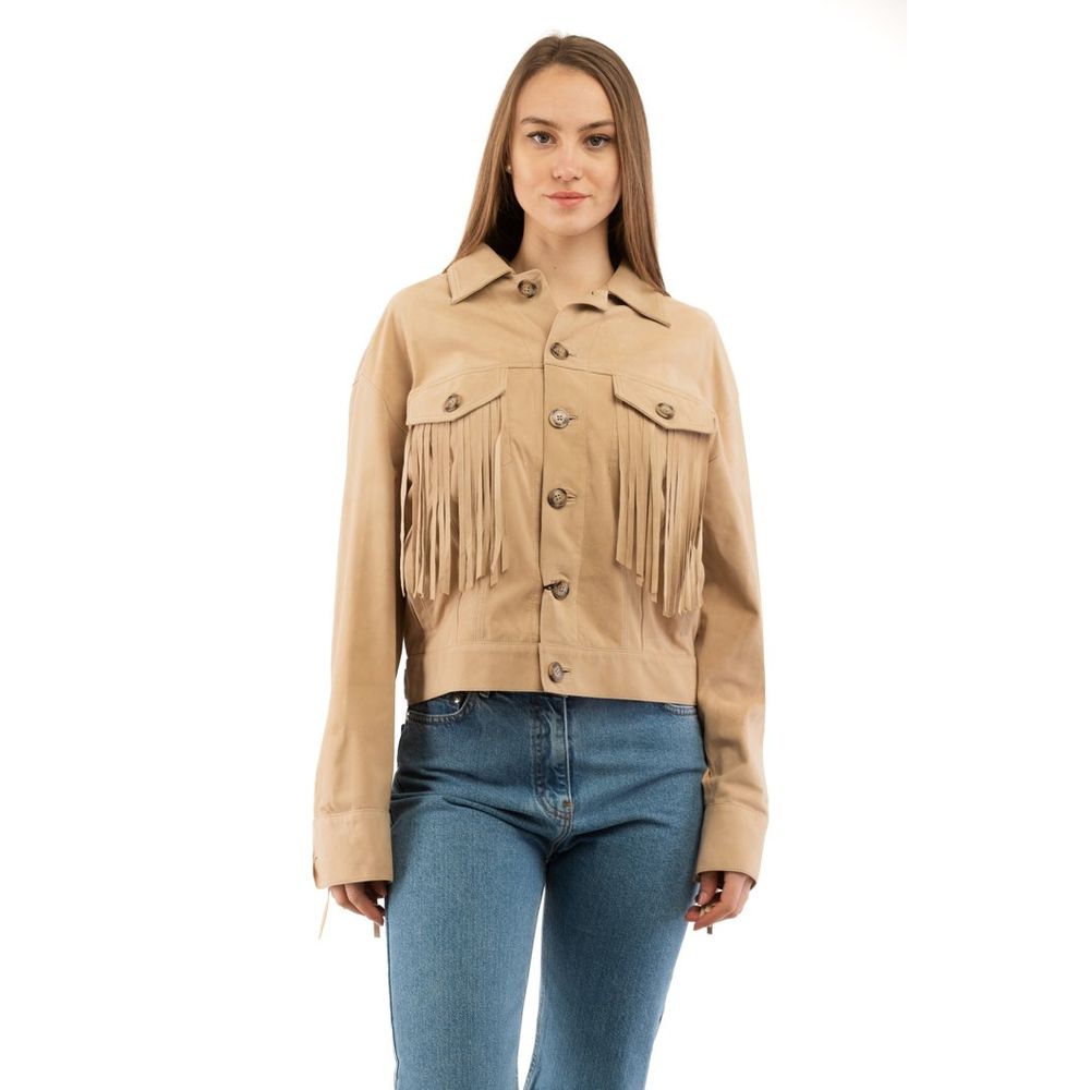 Indulge in the exquisite Moschino Beige Leather Jacket, a symbol of refined elegance crafted from 100% cotton, perfect for elevating any wardrobe with unparalleled luxury.