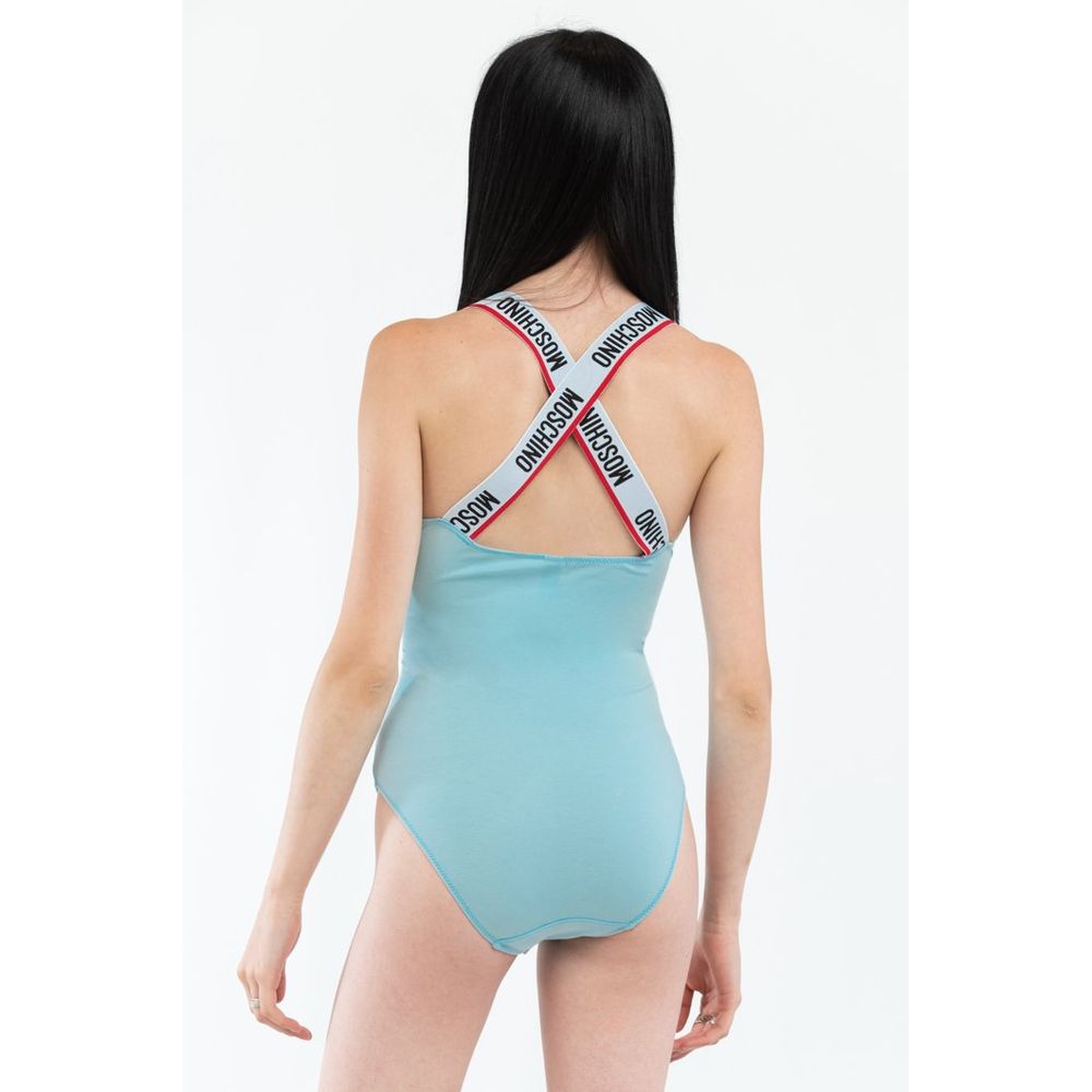 Indulge in the Moschino Blue Cotton Bodysuit, a luxurious blend of cotton and elastane, showcasing exceptional craftsmanship that elevates your style for any occasion.