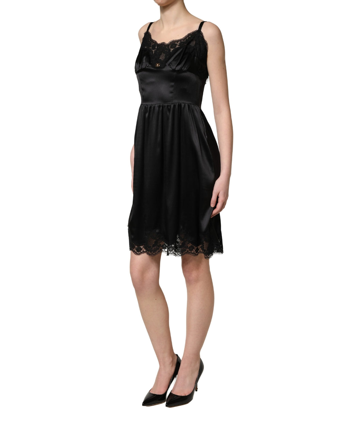 Dolce & Gabbana Black Silk Satin Lace Mini Dress Couture