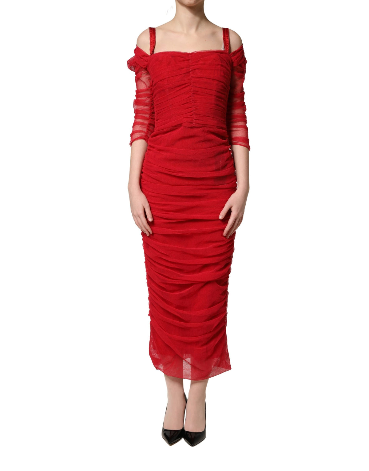 Dolce & Gabbana Red Ruched Tulle Midi Dress of Timeless Elegance