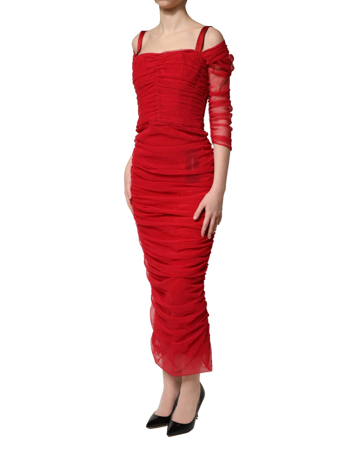 Dolce & Gabbana Red Ruched Tulle Midi Dress of Elegance