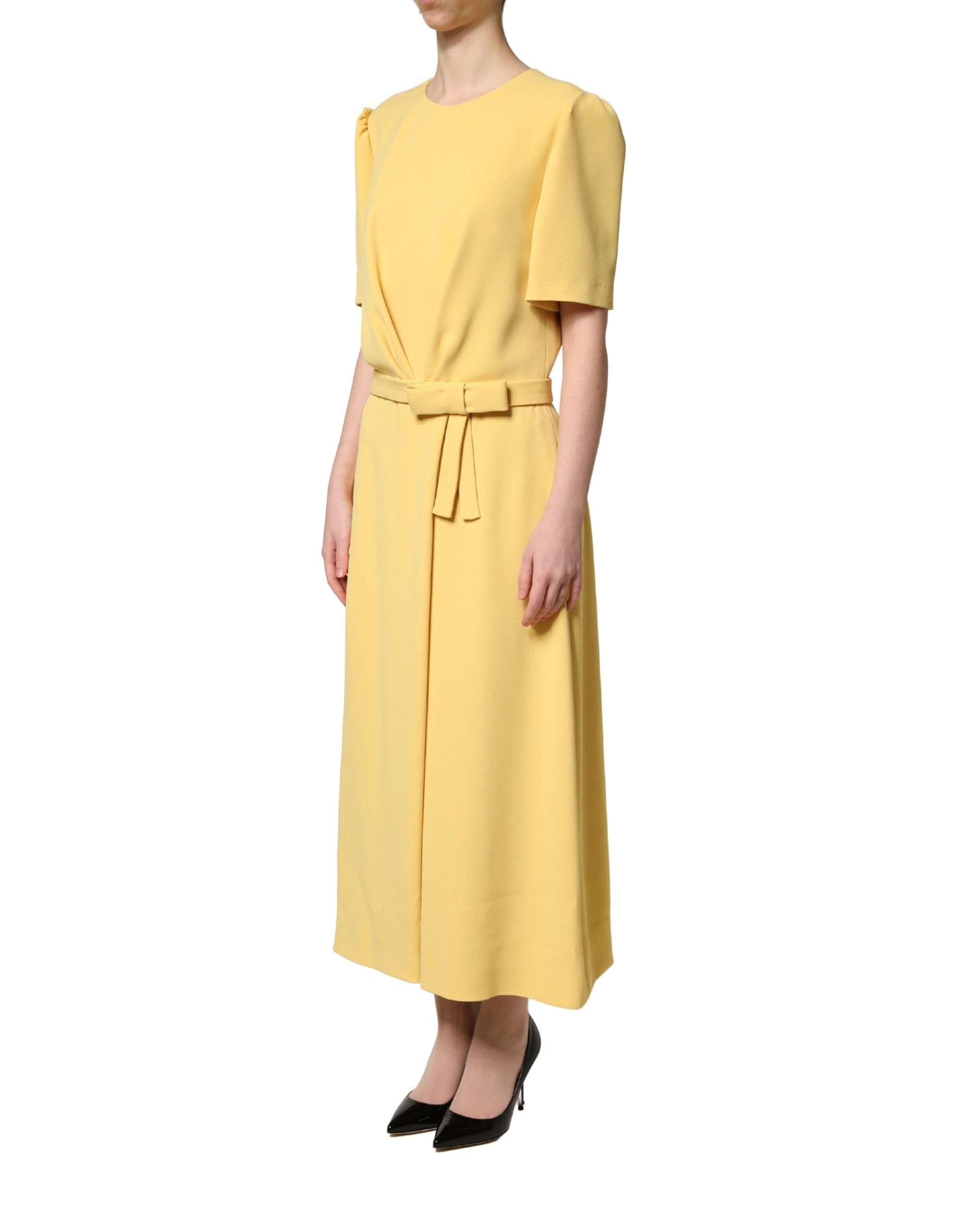 Elevate your wardrobe with the Dolce & Gabbana Yellow Short-Sleeved Crew Neck Midi Dress, a masterpiece of Italian craftsmanship in luxurious viscose and silk.