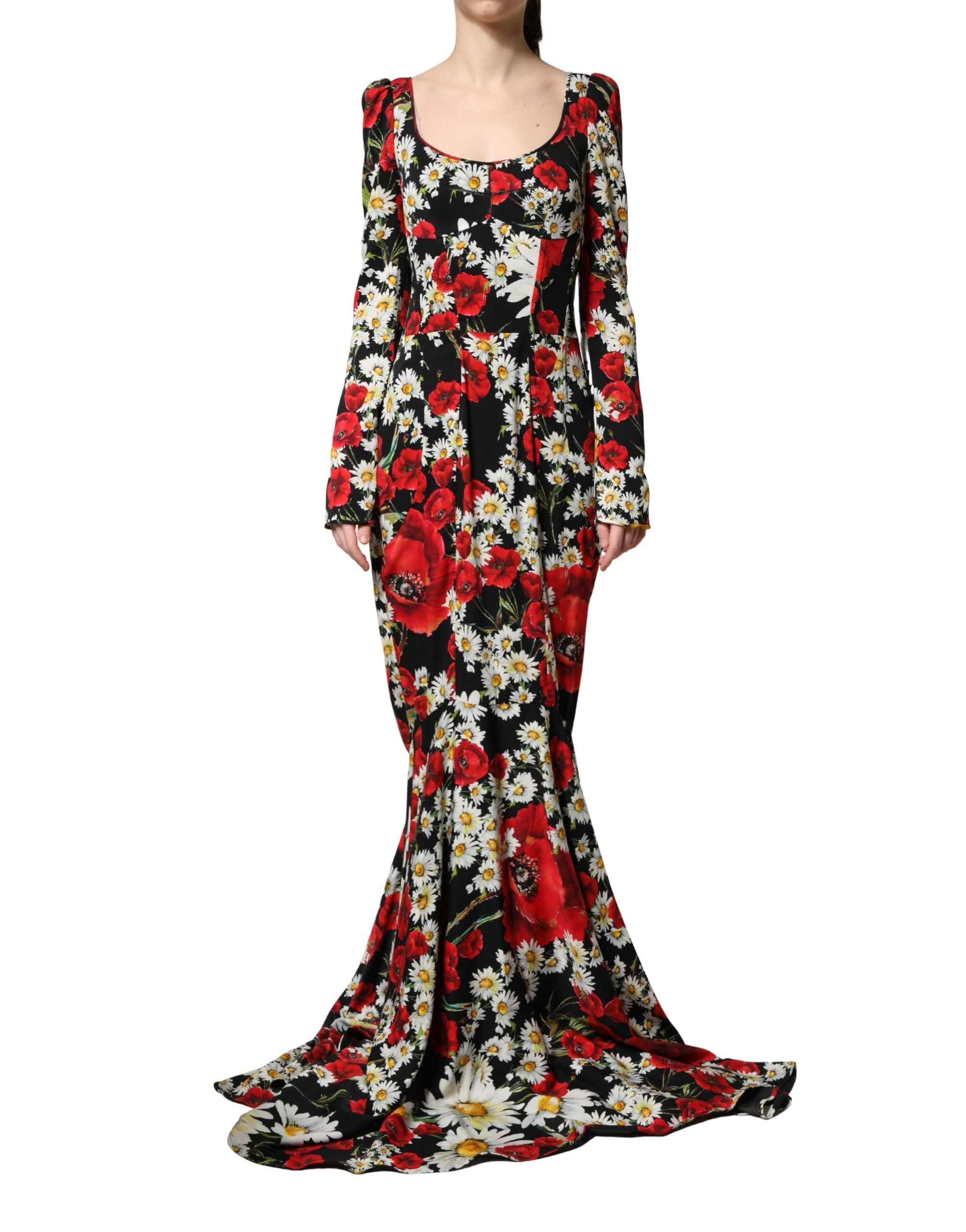 Dolce & Gabbana Black Floral Silk Long Sleeves Gown Couture