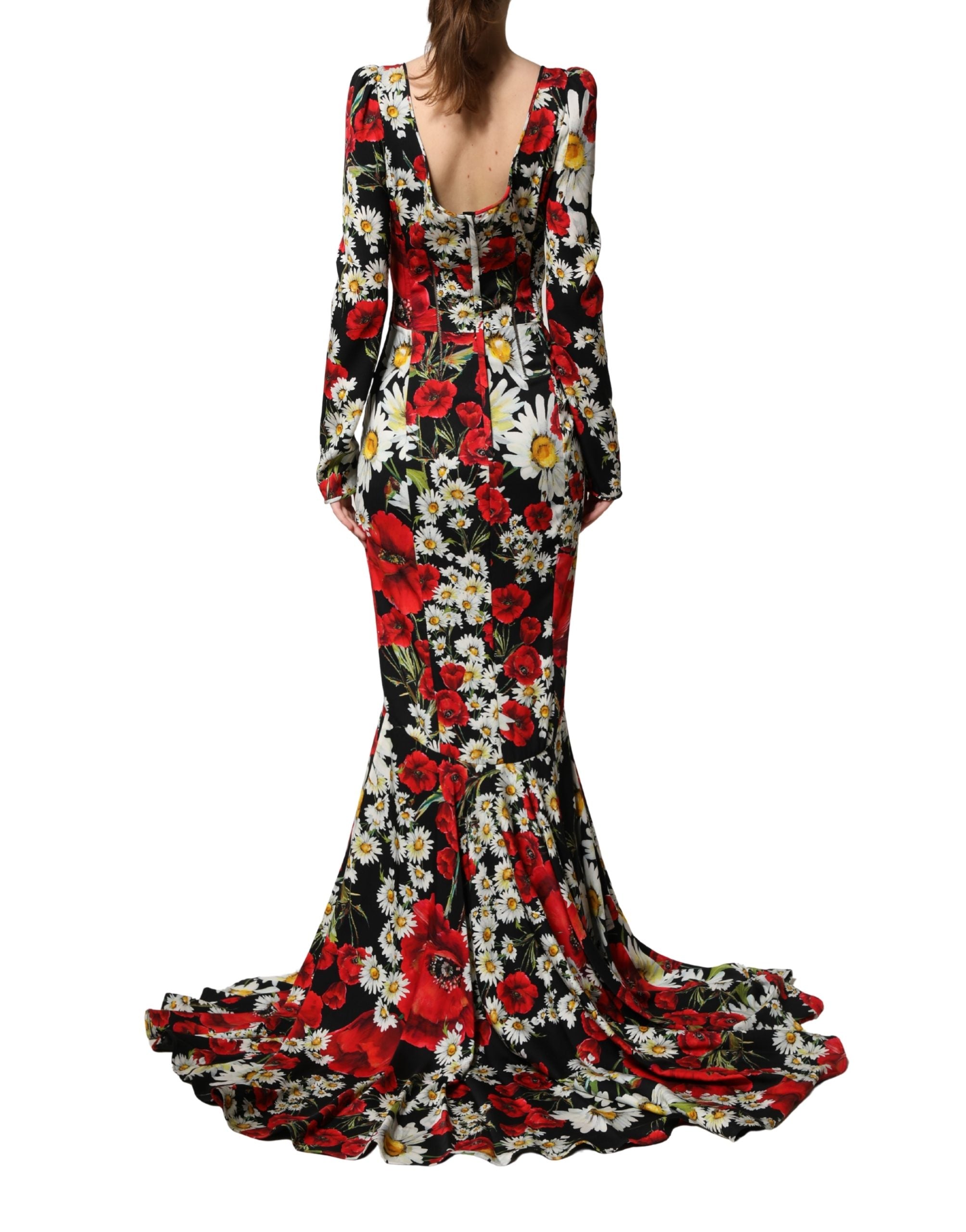Dolce & Gabbana Black Floral Silk Long Sleeves Gown Couture