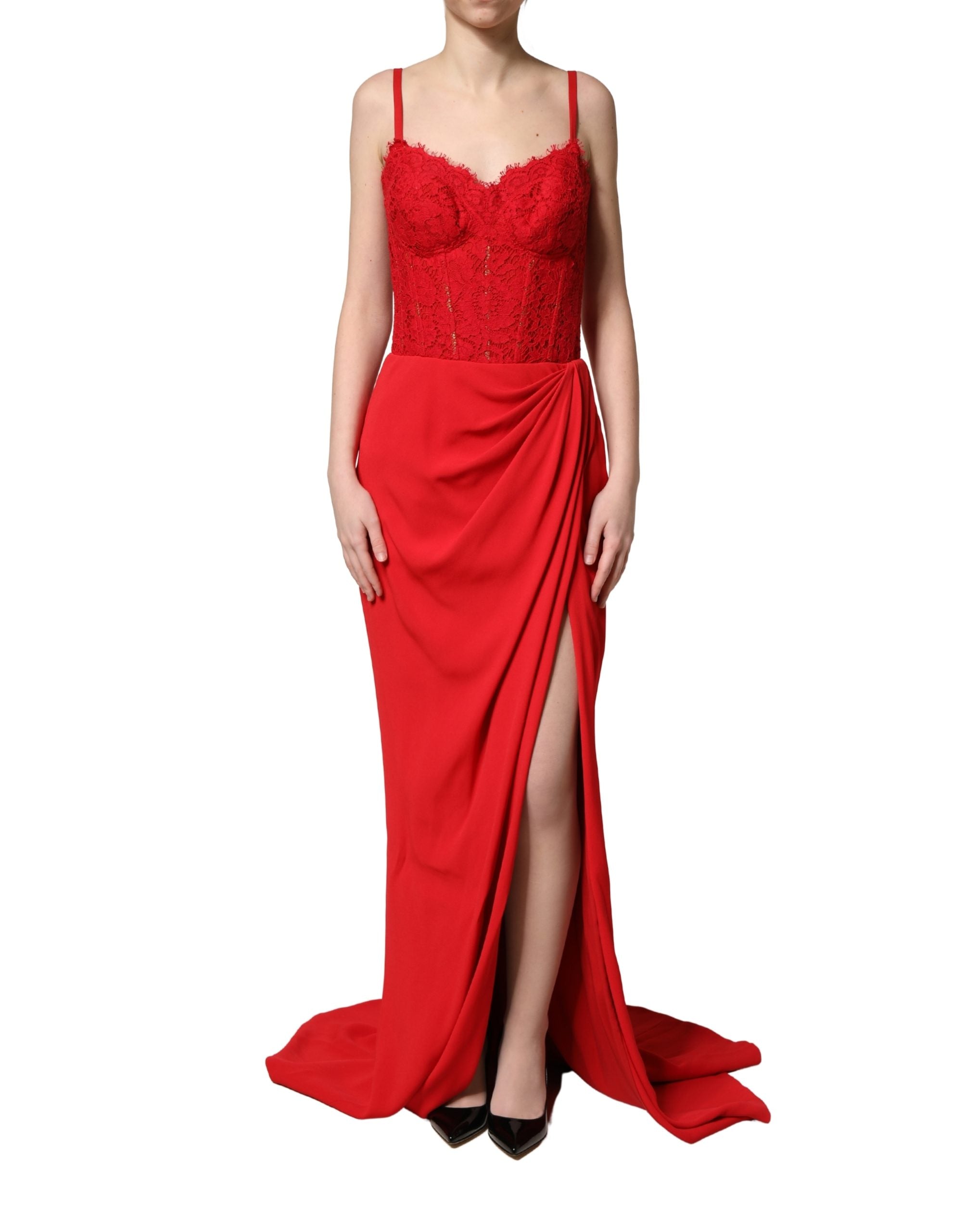 Dolce & Gabbana Red Corset Lace Bodice Long Gown Dress