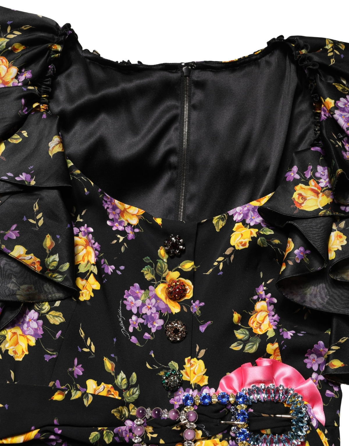 Dolce & Gabbana Silk Midi Dress with Crystal Brooch Elegance