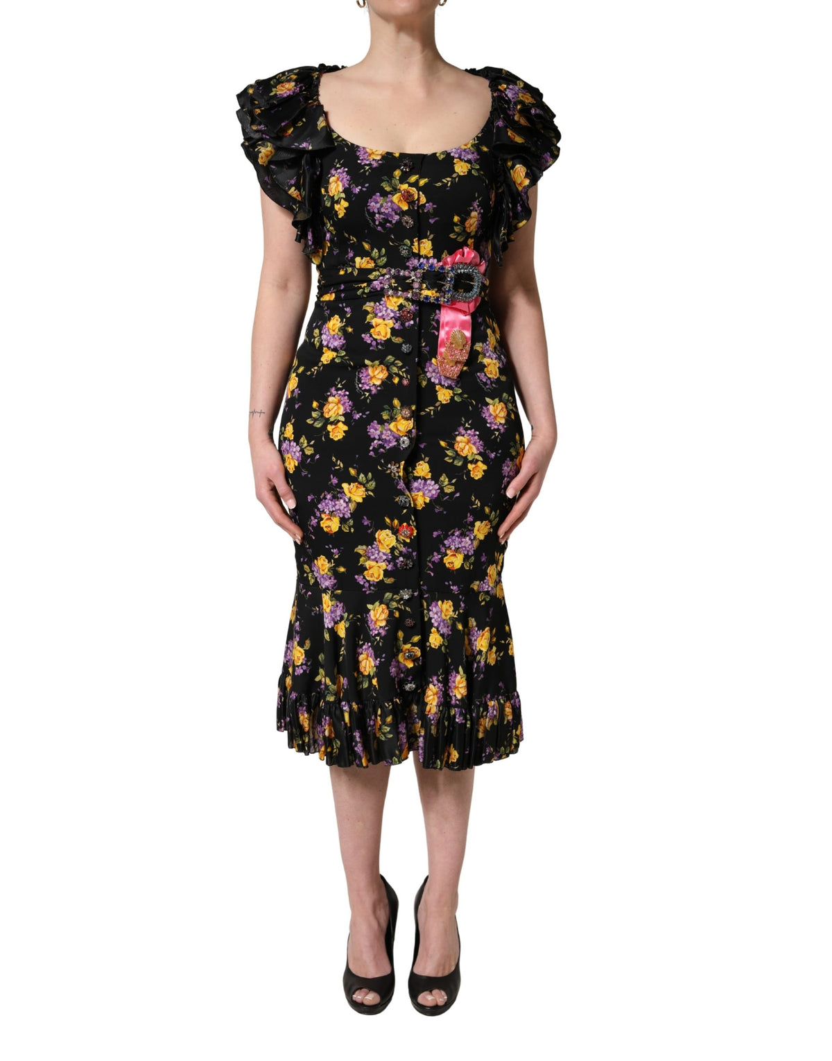 Dolce & Gabbana Silk Midi Dress with Crystal Brooch Elegance