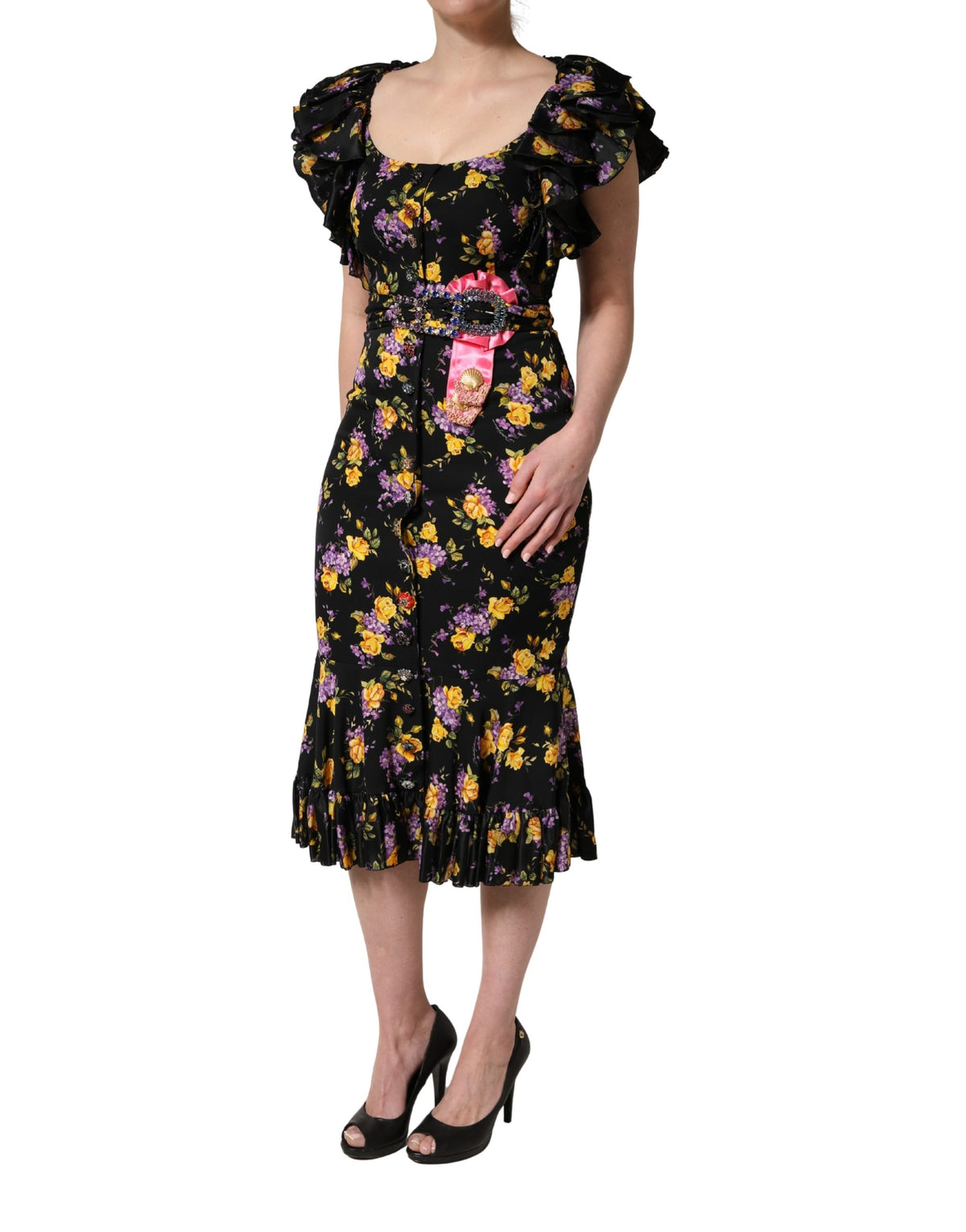 Dolce & Gabbana Silk Midi Dress with Crystal Brooch Elegance