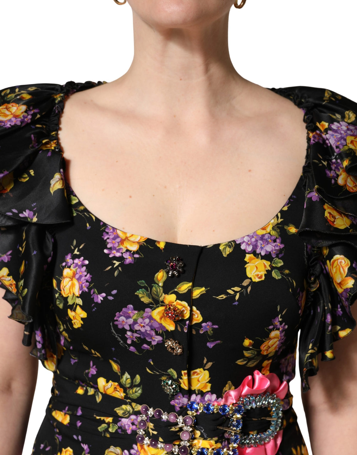 Dolce & Gabbana Silk Midi Dress with Crystal Brooch Elegance