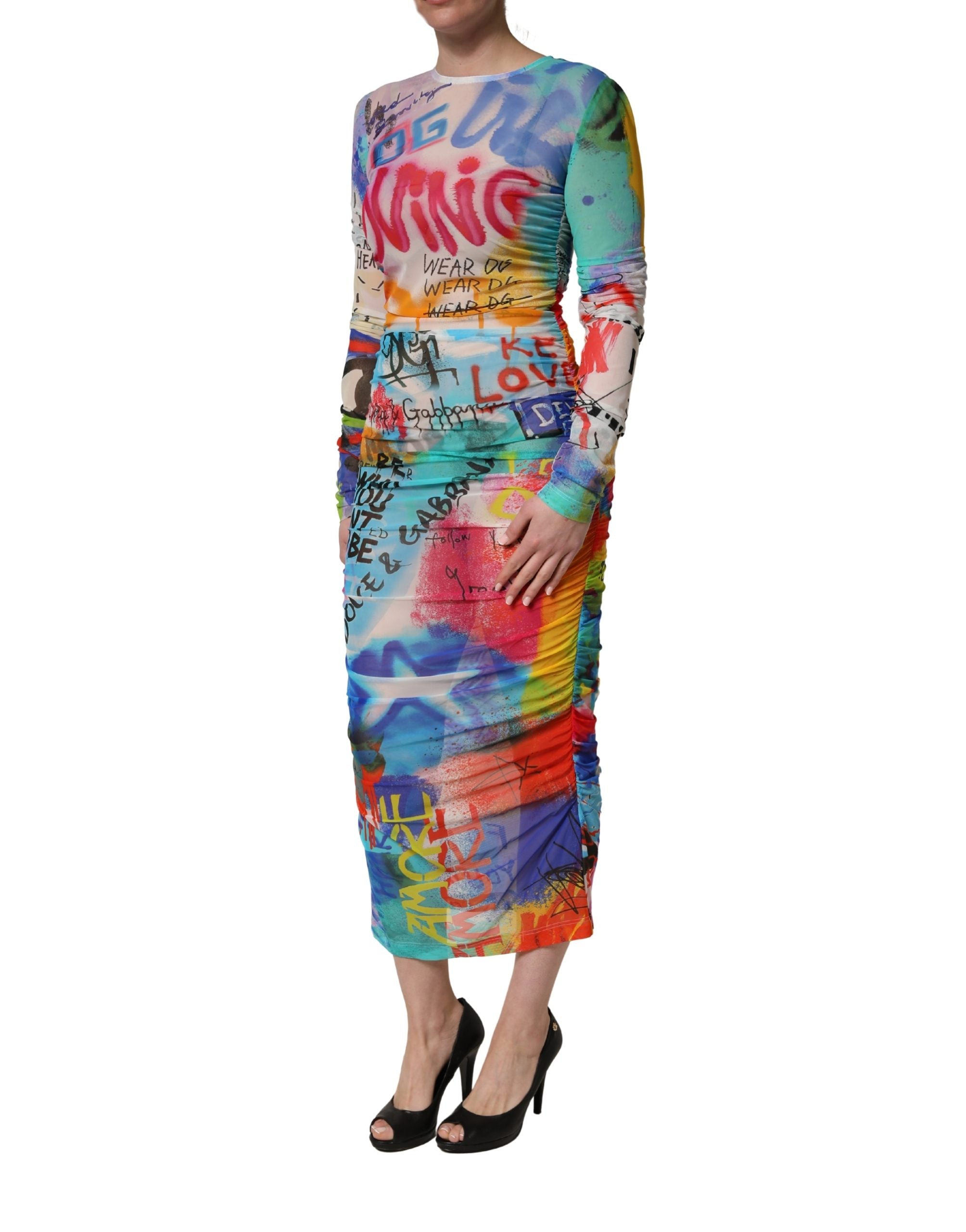 Dolce & Gabbana Multicolor Graffiti Print Tulle Sheath Midi Dress