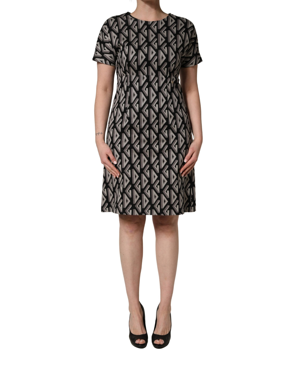 Dolce & Gabbana Black Logo Print Cotton Knee Length Dress Couture