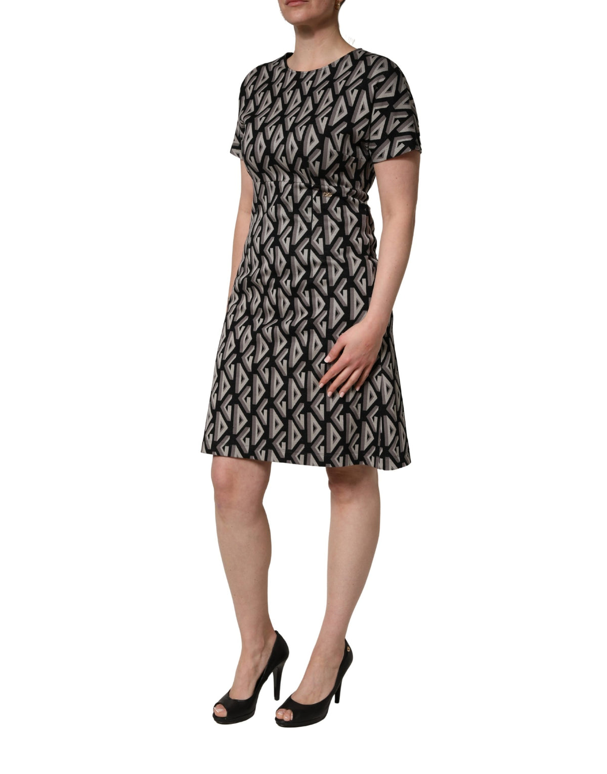 Dolce & Gabbana Black Logo Print Cotton Knee Length Dress Couture