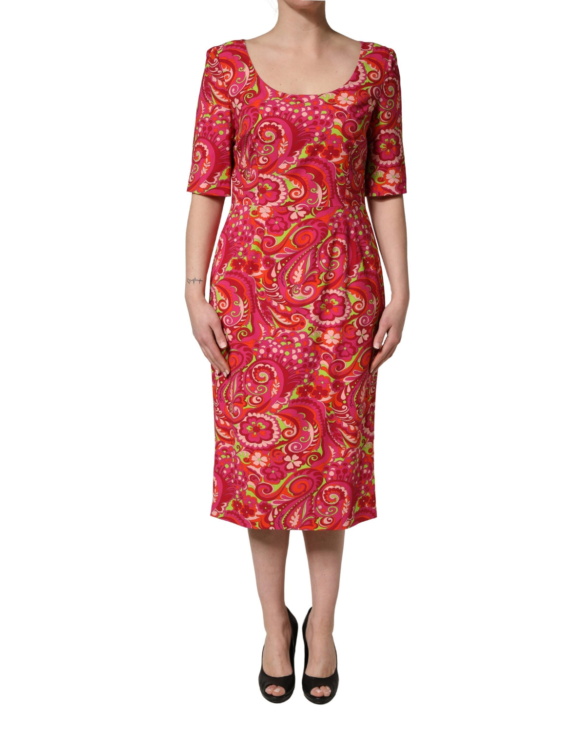 Dolce & Gabbana Red Paisley Floral Sheath Midi Dress Couture