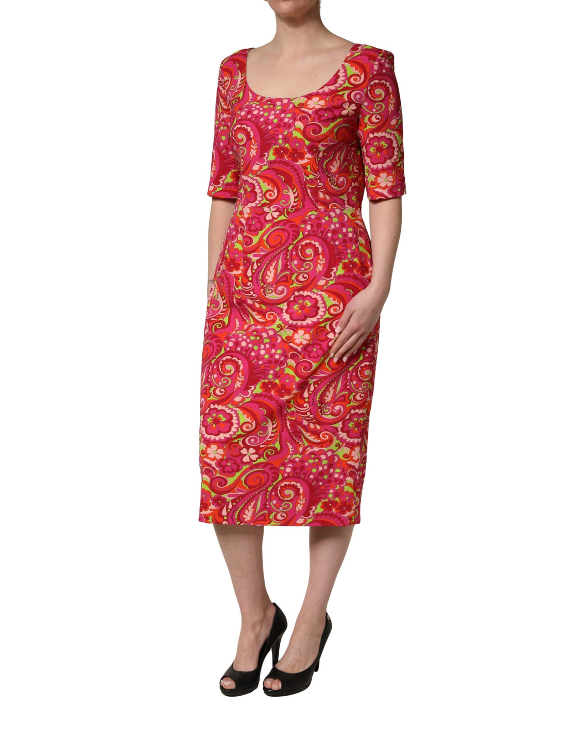 Dolce & Gabbana Red Paisley Floral Print Sheath Midi Dress Couture