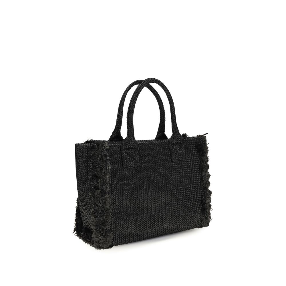 Elevate your summer style with the PINKO Black Raffia Shoulder Bag, a luxurious beach tote crafted from 100% raffia, embodying elegance and sophistication for every occasion.