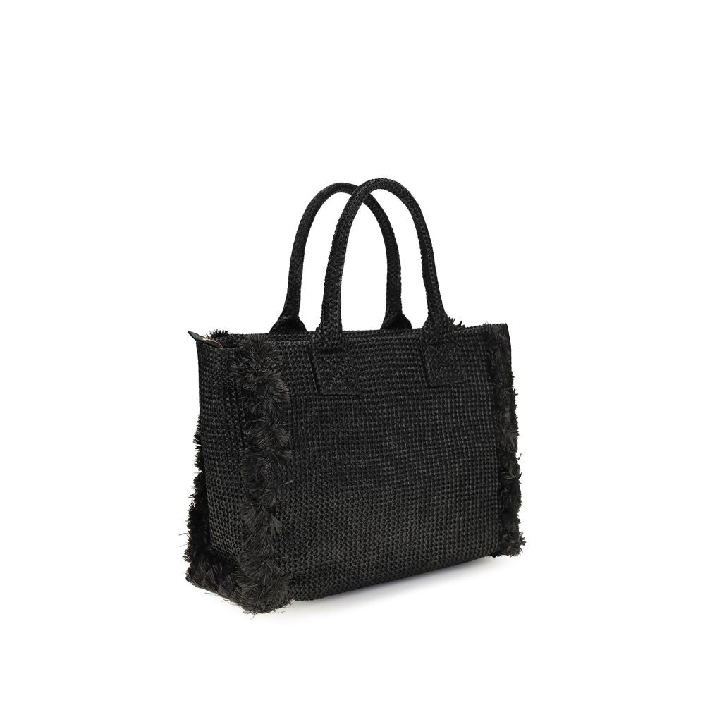 Elevate your summer style with the PINKO Black Raffia Shoulder Bag, a luxurious beach tote crafted from 100% raffia, embodying elegance and sophistication for every occasion.
