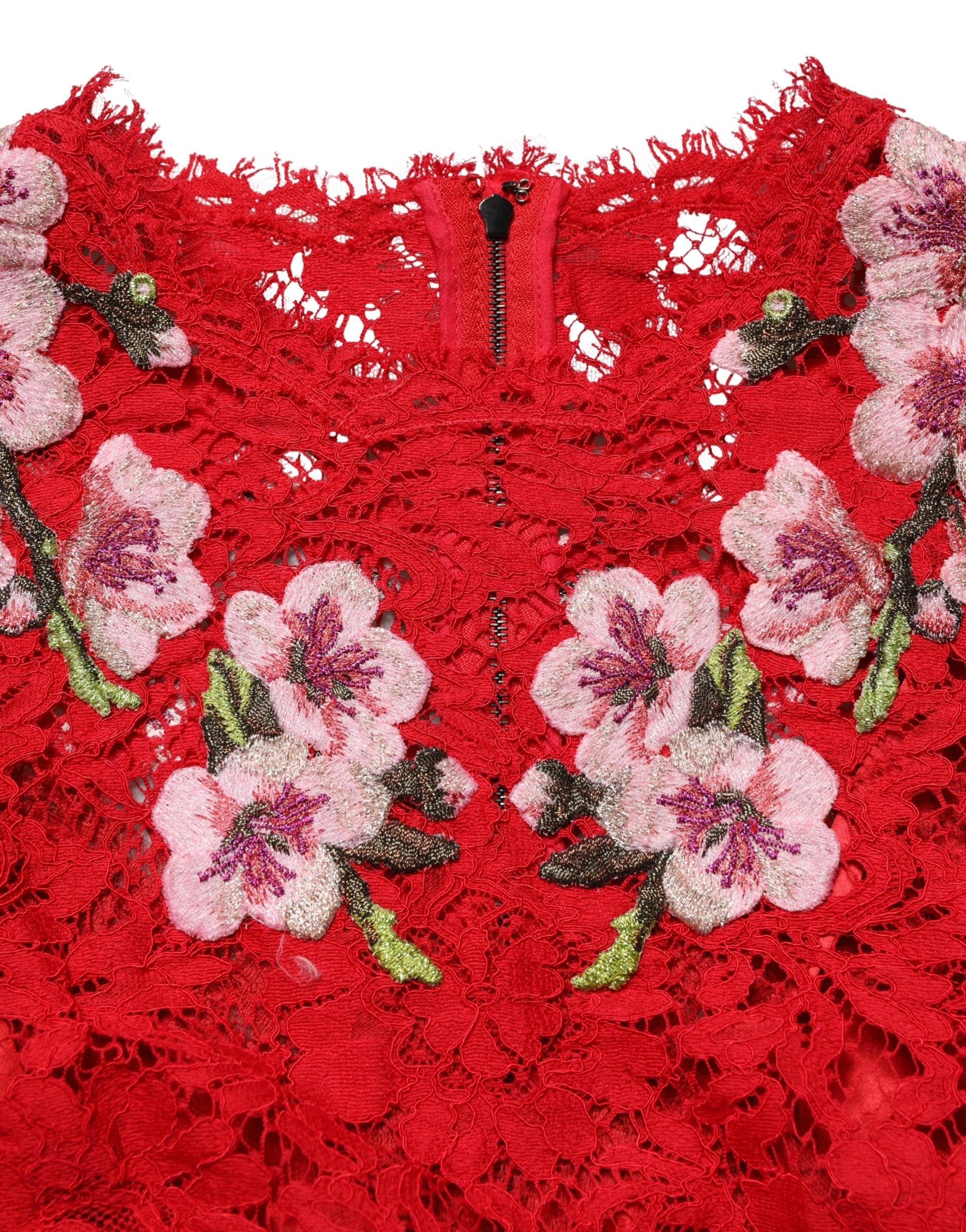 Dolce & Gabbana Red Lace Floral Embroidery Top - Couture Elegance