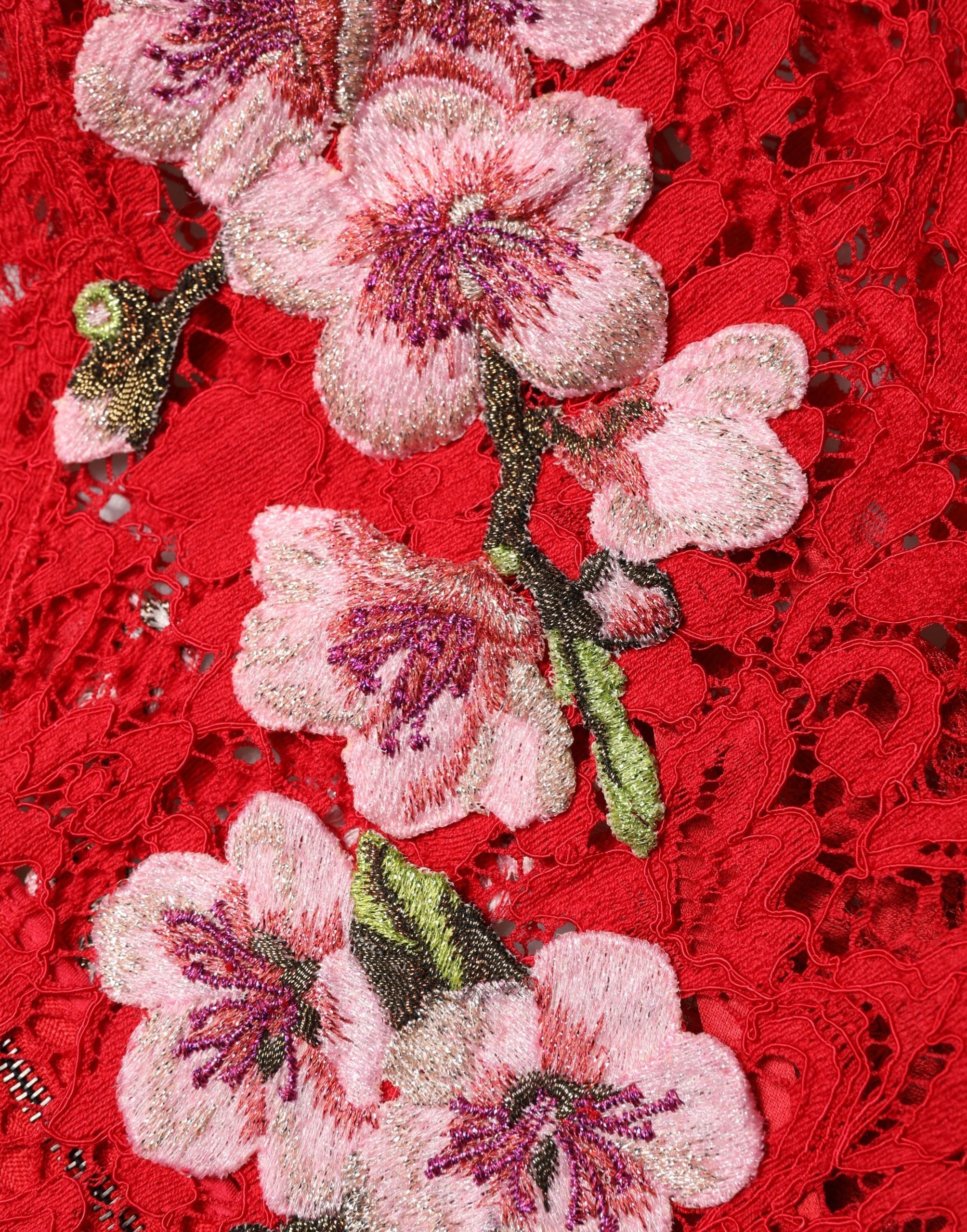 Dolce & Gabbana Red Lace Floral Embroidery Top - Couture Elegance