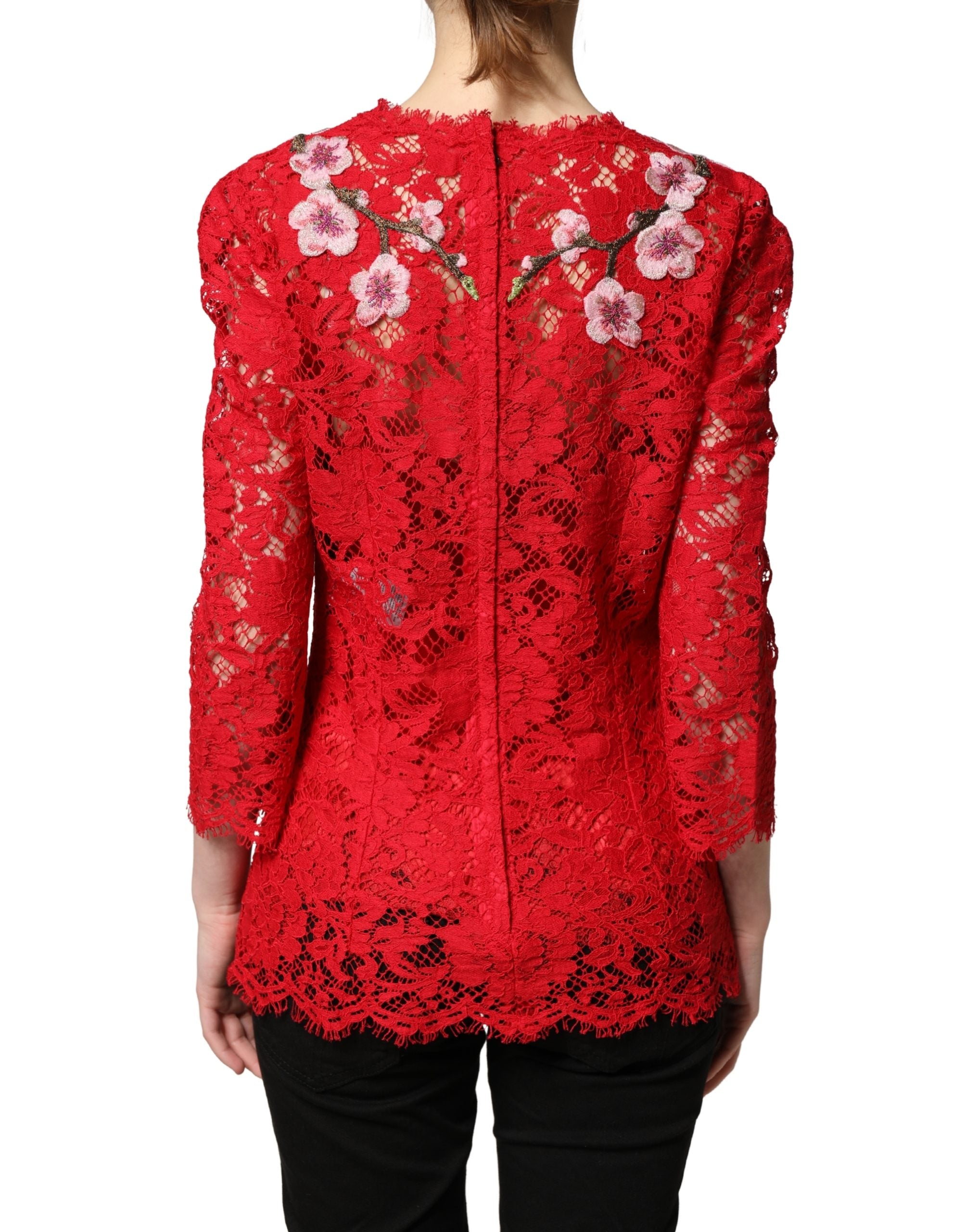 Dolce & Gabbana Red Lace Floral Embroidery Top - Couture Elegance
