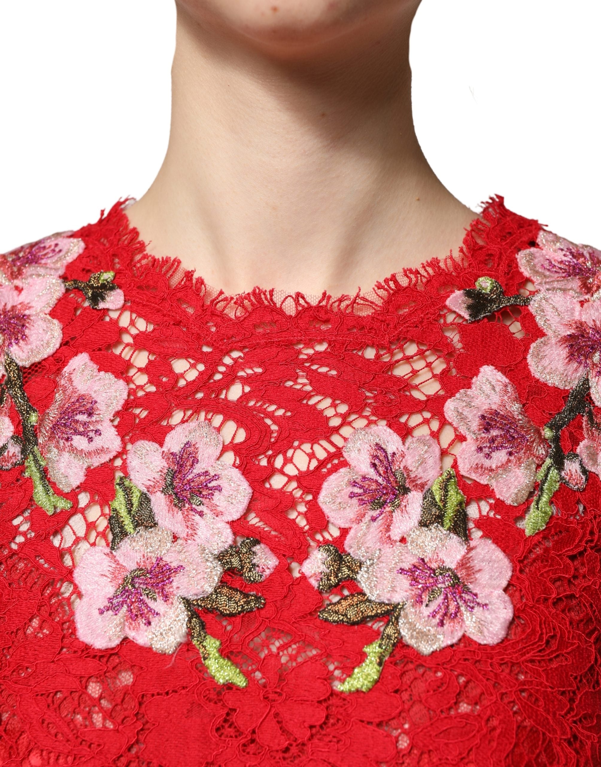 Dolce & Gabbana Red Lace Floral Embroidery Top - Couture Elegance