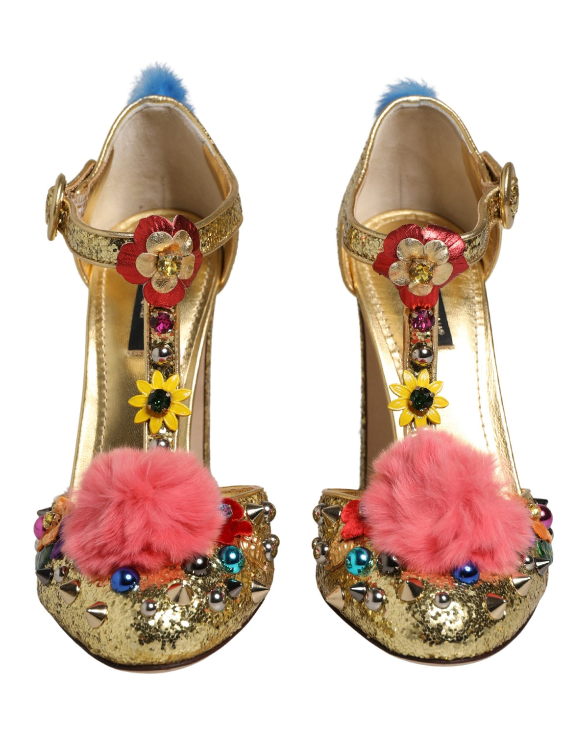 Dolce & Gabbana Gold Fur Trim Glitter T-strap Sandals Couture