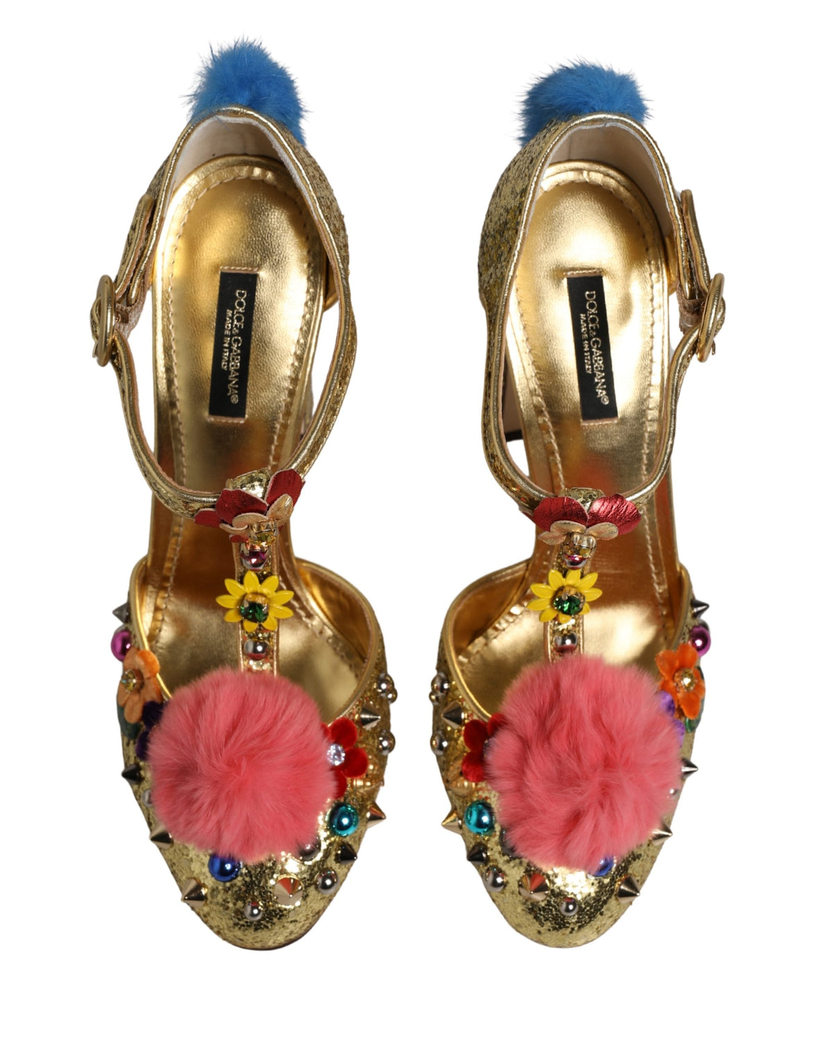 Dolce & Gabbana Gold Fur Trim Glitter T-strap Sandals Couture