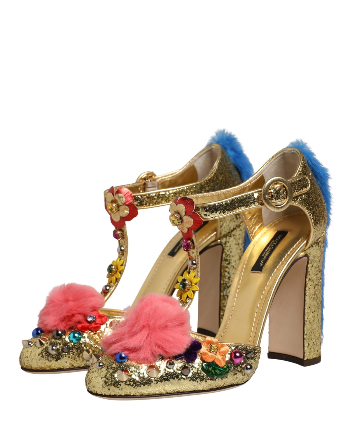 Dolce & Gabbana Gold Fur Trim Glitter T-strap Sandals Couture
