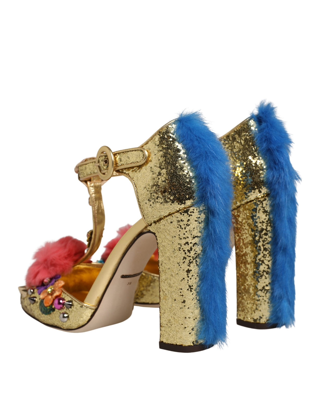 Dolce & Gabbana Gold Fur Trim Glitter T-strap Sandals Couture