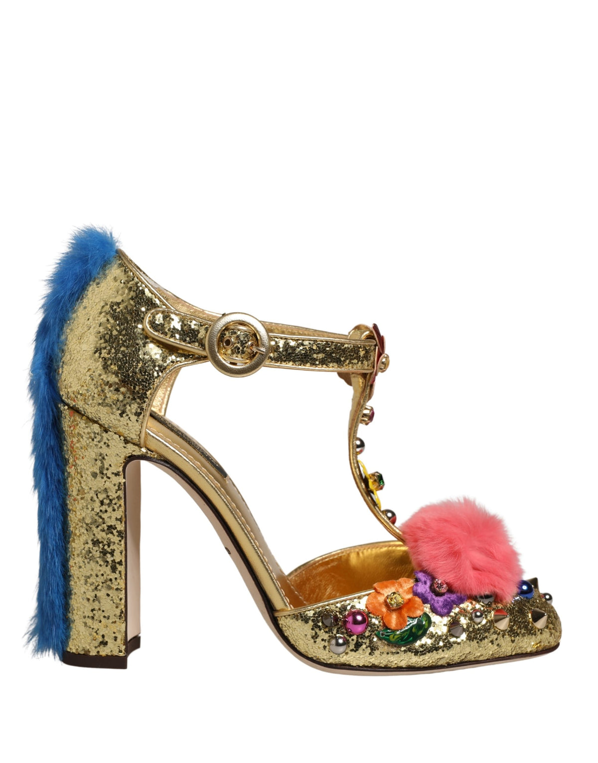 Dolce & Gabbana Gold Fur Trim Glitter T-strap Sandals Couture