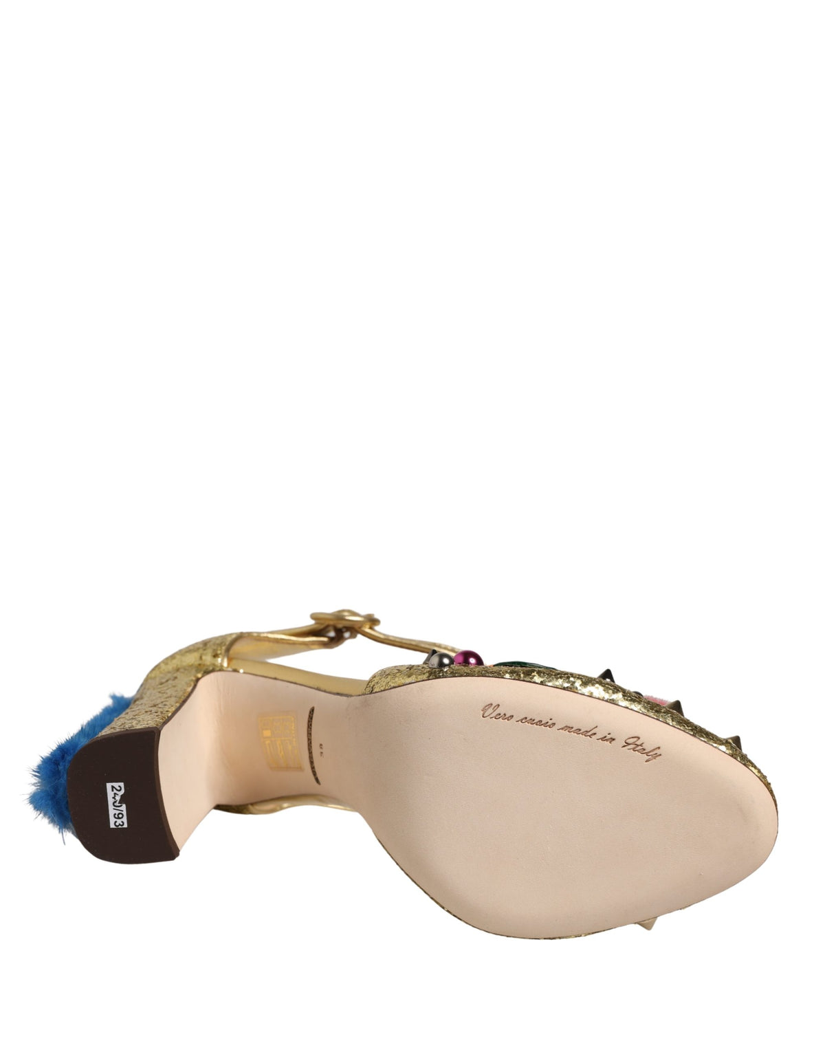 Dolce & Gabbana Gold Fur Trim Glitter T-strap Sandals Couture