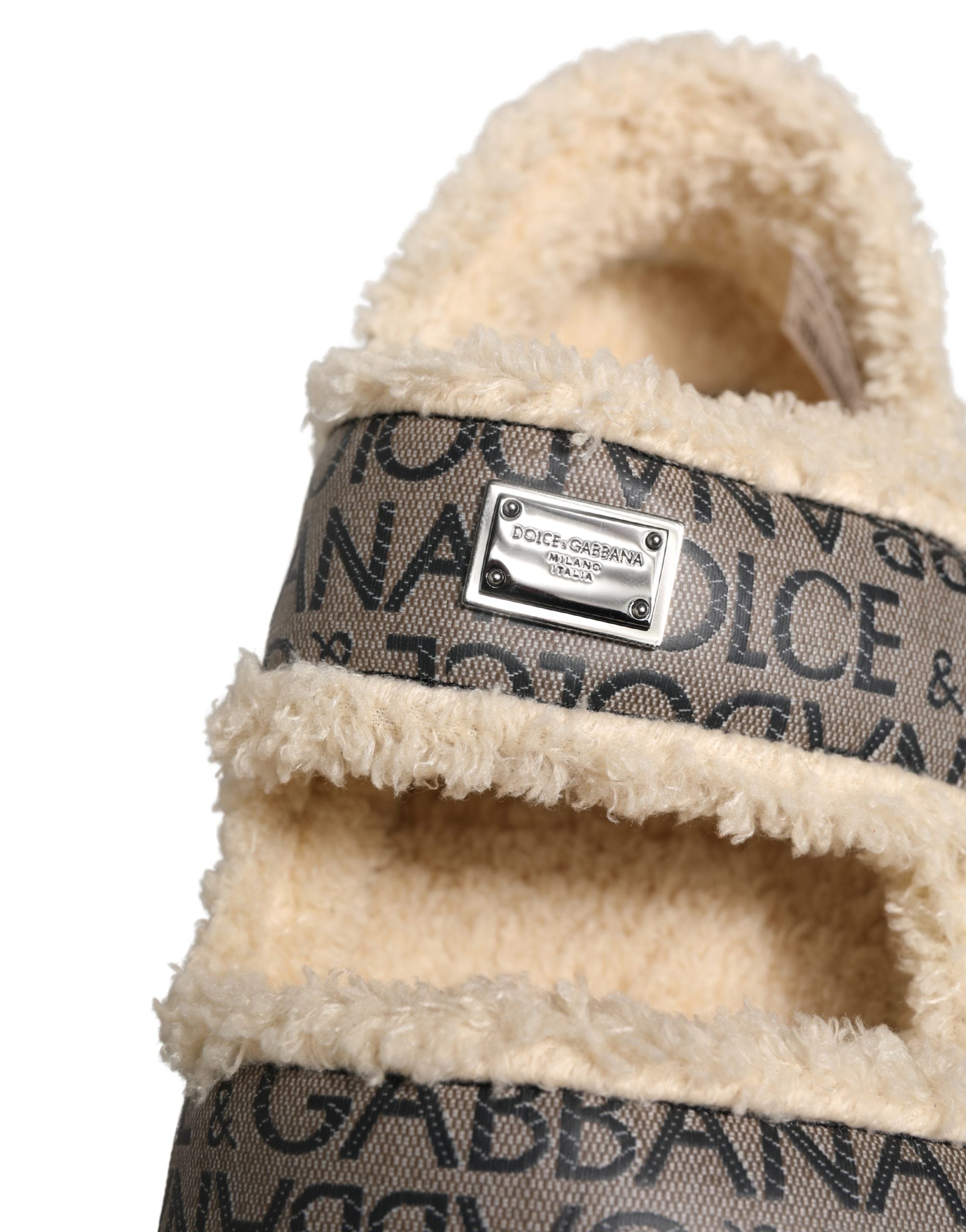 Dolce & Gabbana Faux Fur Logo Print Flats Sandals - Luxury Footwear