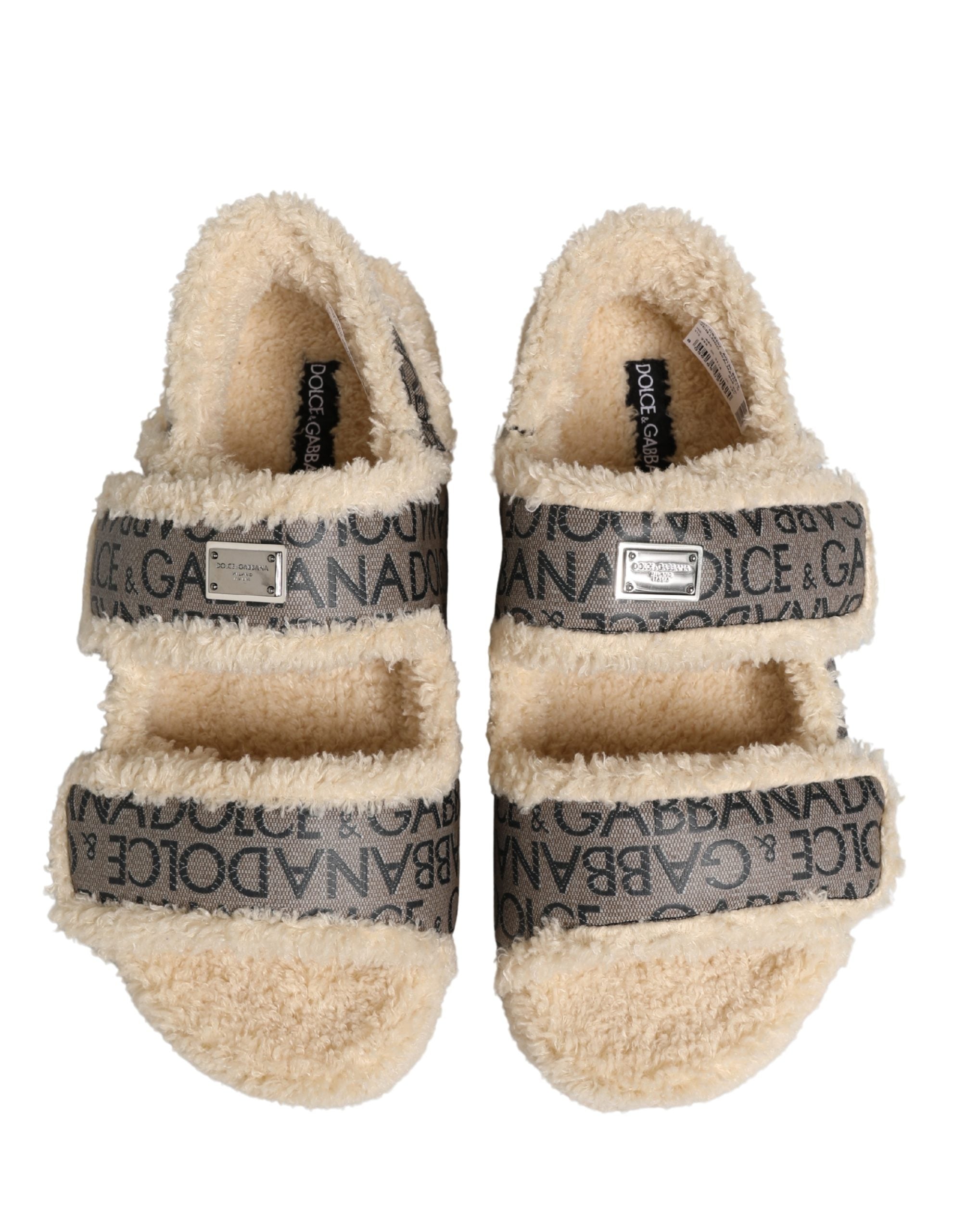 Dolce & Gabbana Faux Fur Logo Print Flats Sandals - Luxury Footwear