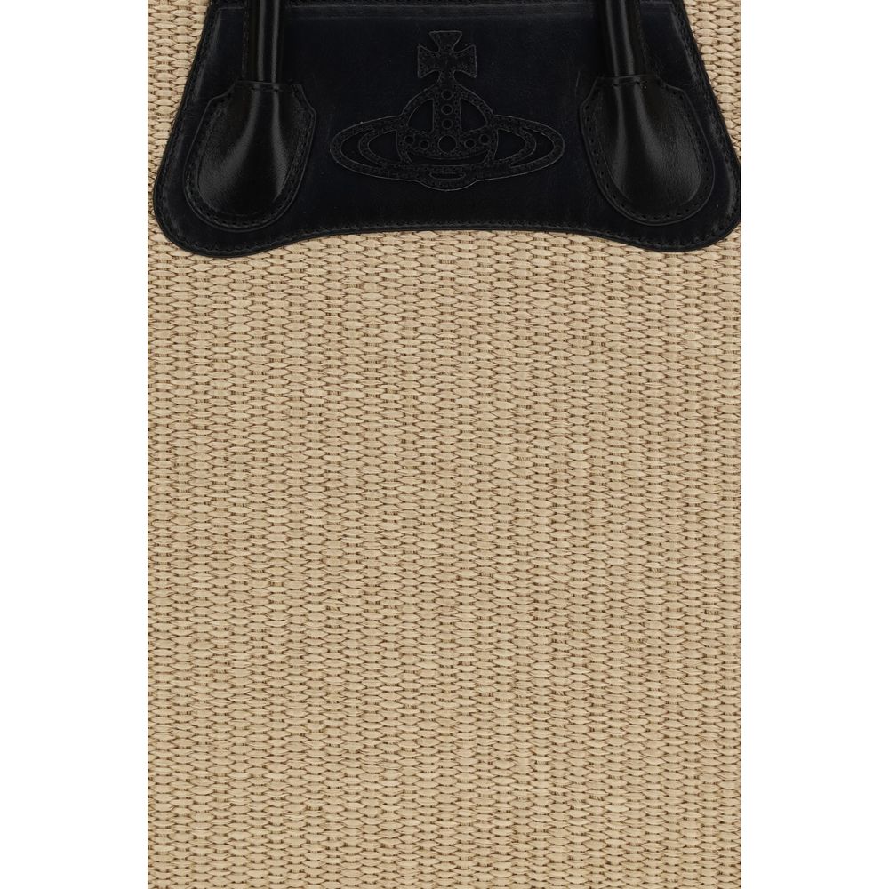 Indulge in the Vivienne Westwood Beige Raffia Shoulder Bag, a timeless Troy Tote from SS26, crafted from 100% raffia, merging elegance with functional sophistication.