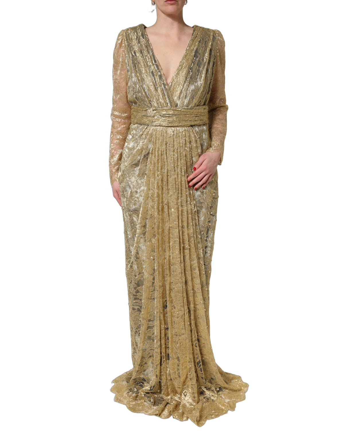 Dolce & Gabbana Gold Sheer Lace Crystal Embellished Dress