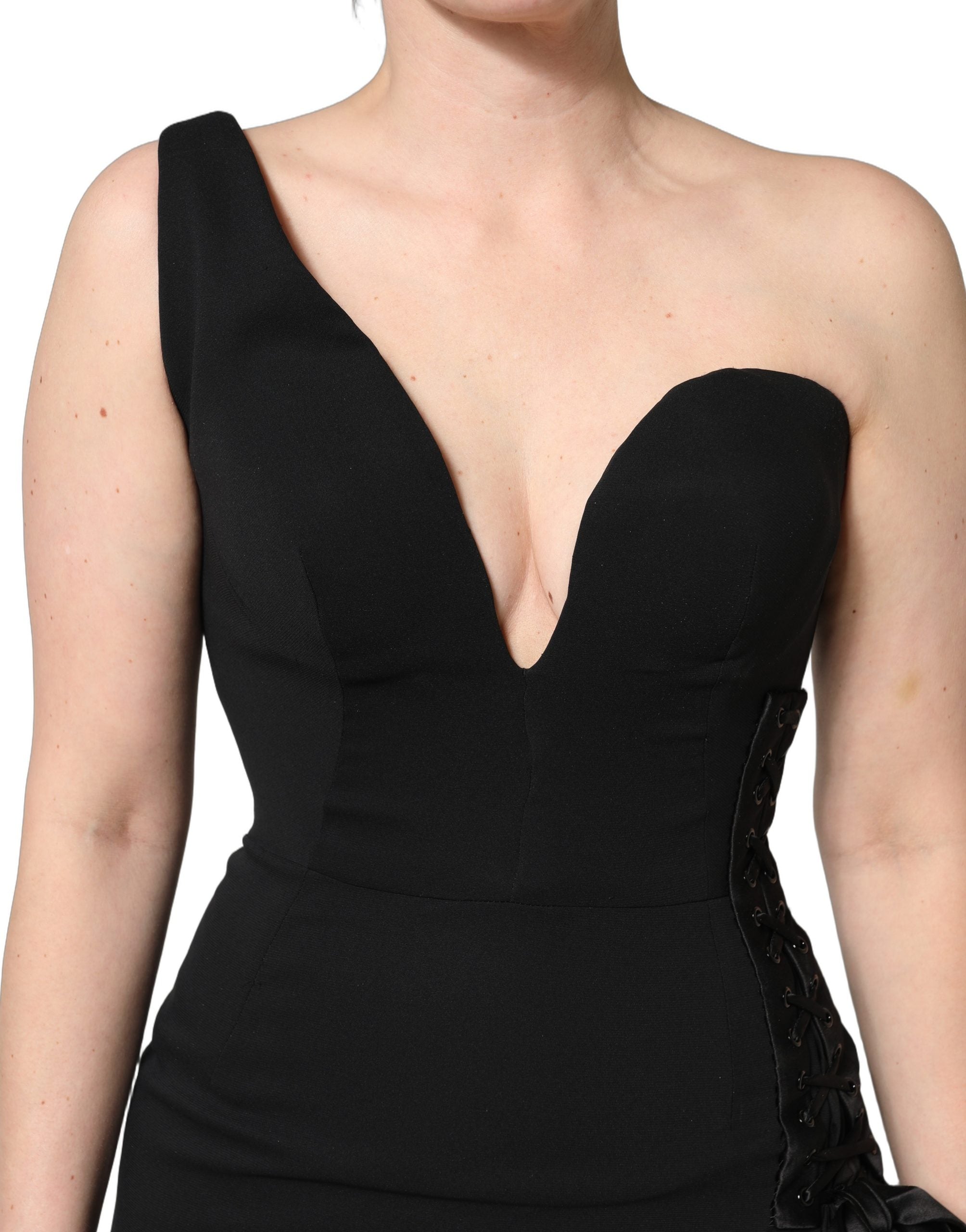 Indulge in the elegance of the Dolce & Gabbana Black One Shoulder Neckline Long Gown, crafted from luxurious silk, embodying sophistication and allure for unforgettable moments.