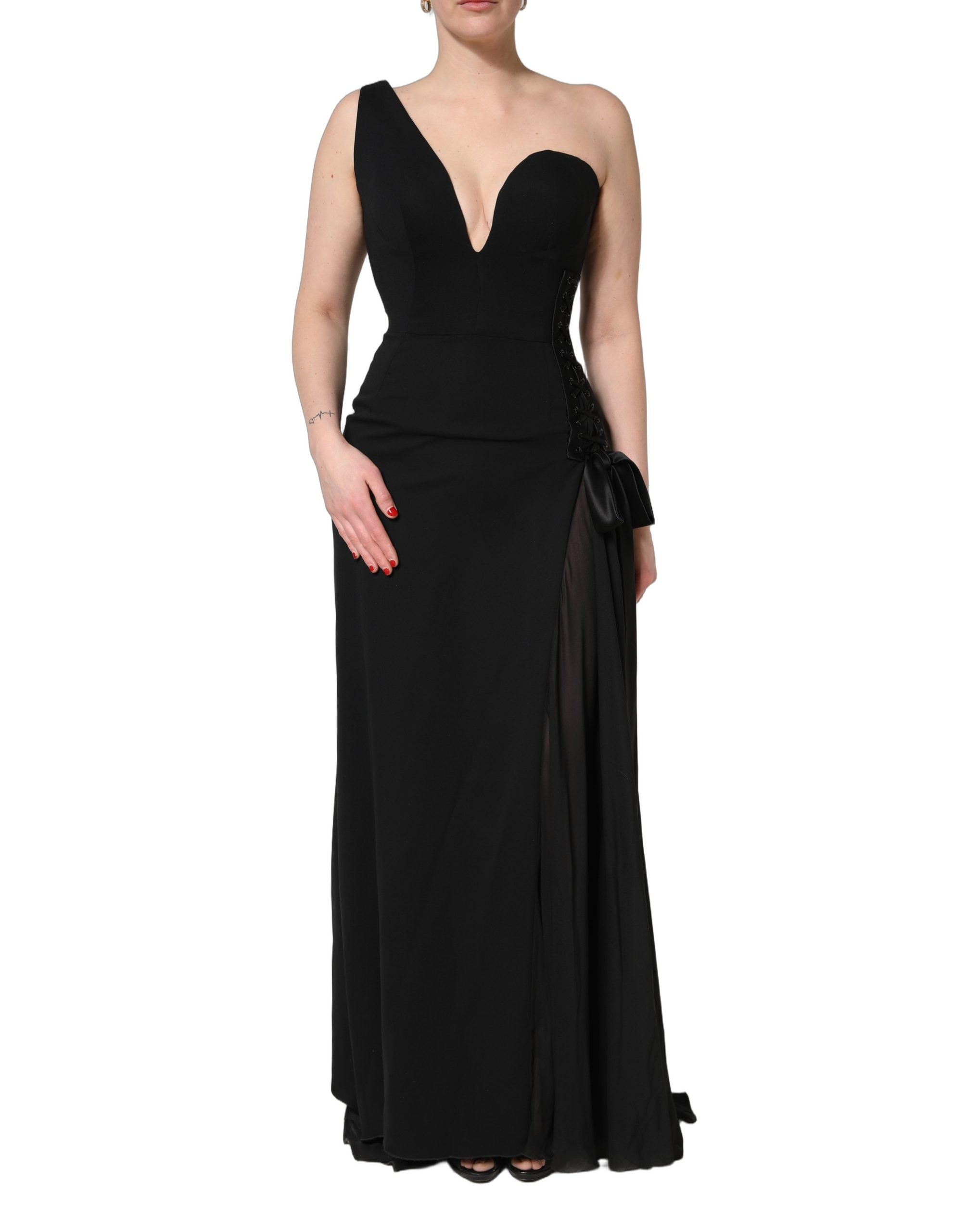 Indulge in the exquisite allure of the Dolce & Gabbana Black One Shoulder Neckline Long Gown, a luxurious silk masterpiece that embodies sophistication and timeless elegance.