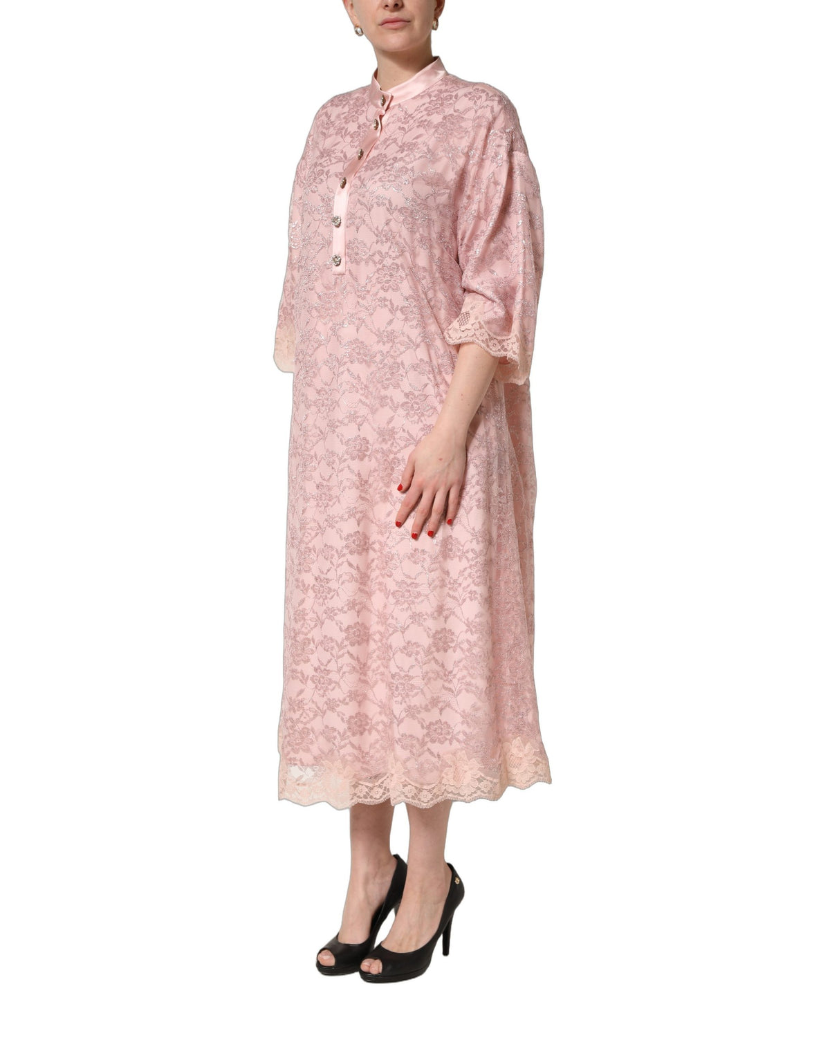 Dolce & Gabbana Pink Corded Floral Lace Kaftan Midi Dress Couture