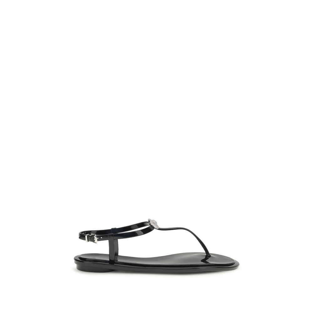 MACH & MACH Black Rubber Flat Sandals – Artisanal Elegance Unleashed
