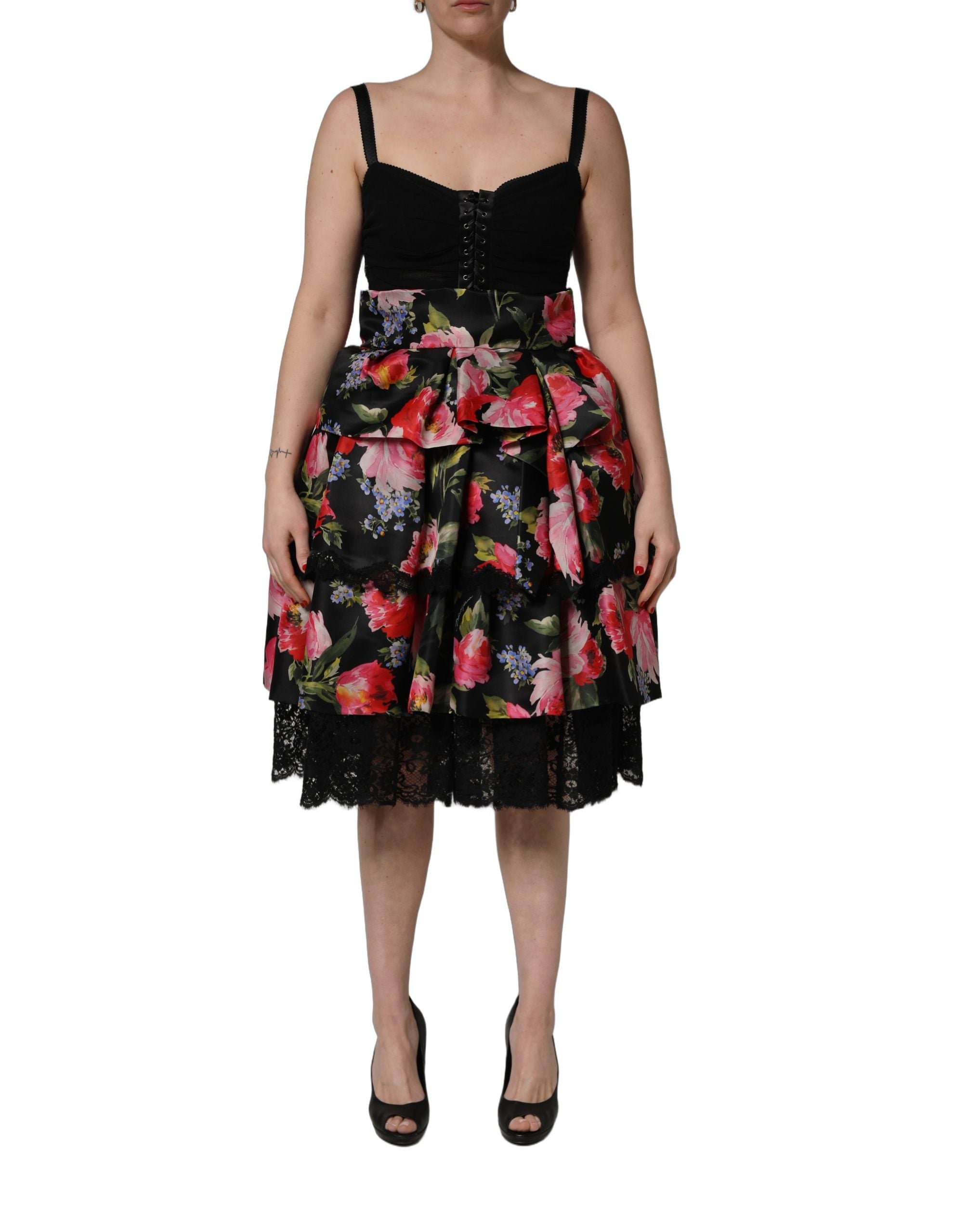 Dolce & Gabbana Black Floral Print Tiered Dress - Exquisite Luxury