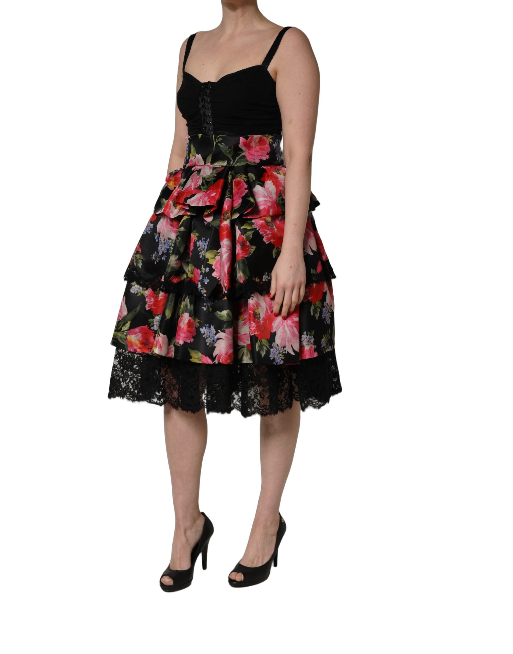 Dolce & Gabbana Black Floral Print Tiered Dress - Luxury Elegance