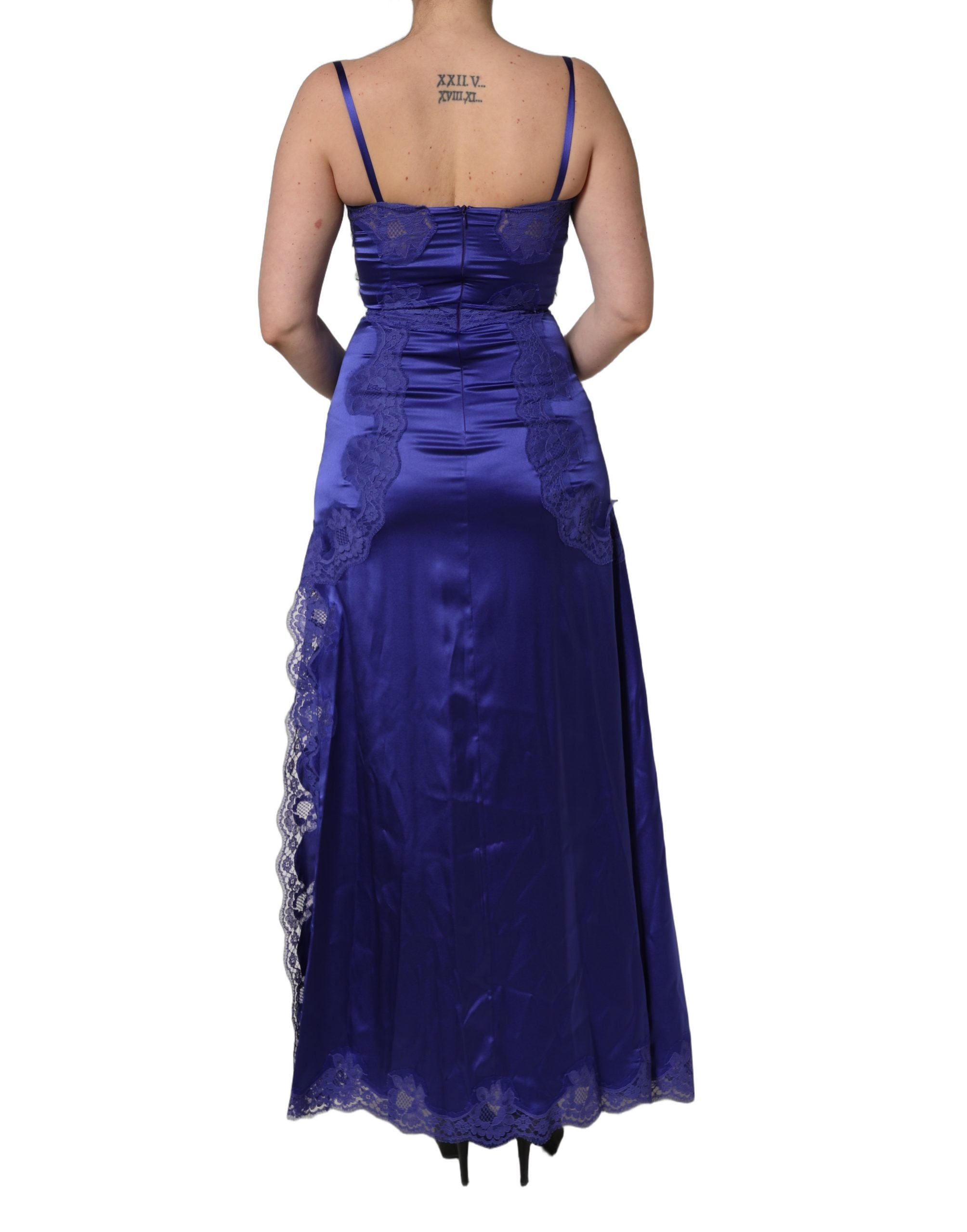 Indulge in the exquisite Dolce & Gabbana Blue Sleeveless Lace Trim A-line Gown, a masterpiece of silk and lace that epitomizes timeless elegance and sophisticated allure.