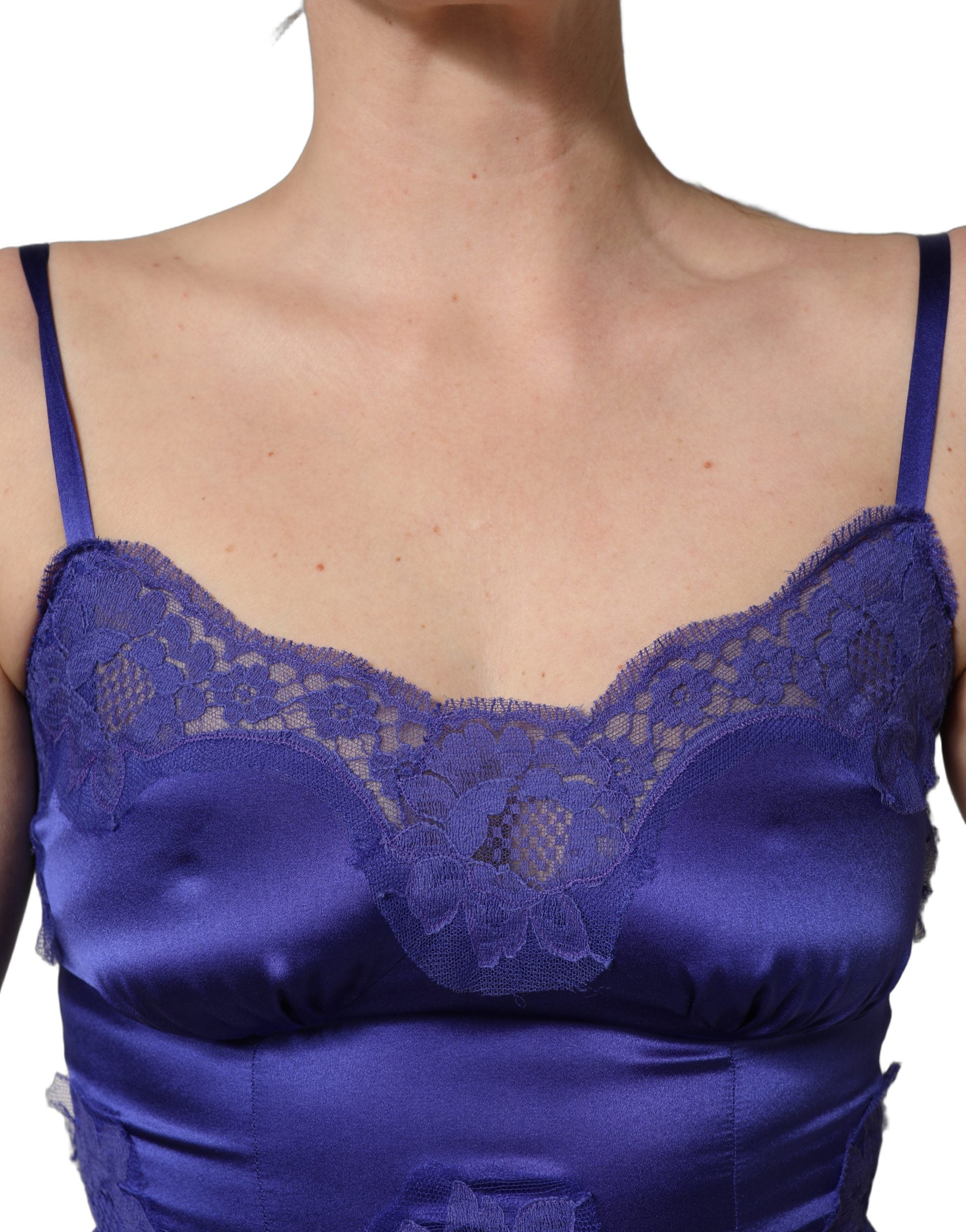 Indulge in the allure of the Dolce & Gabbana Blue Sleeveless Lace Trim A-line Gown, where exquisite silk meets timeless elegance, perfect for unforgettable moments.