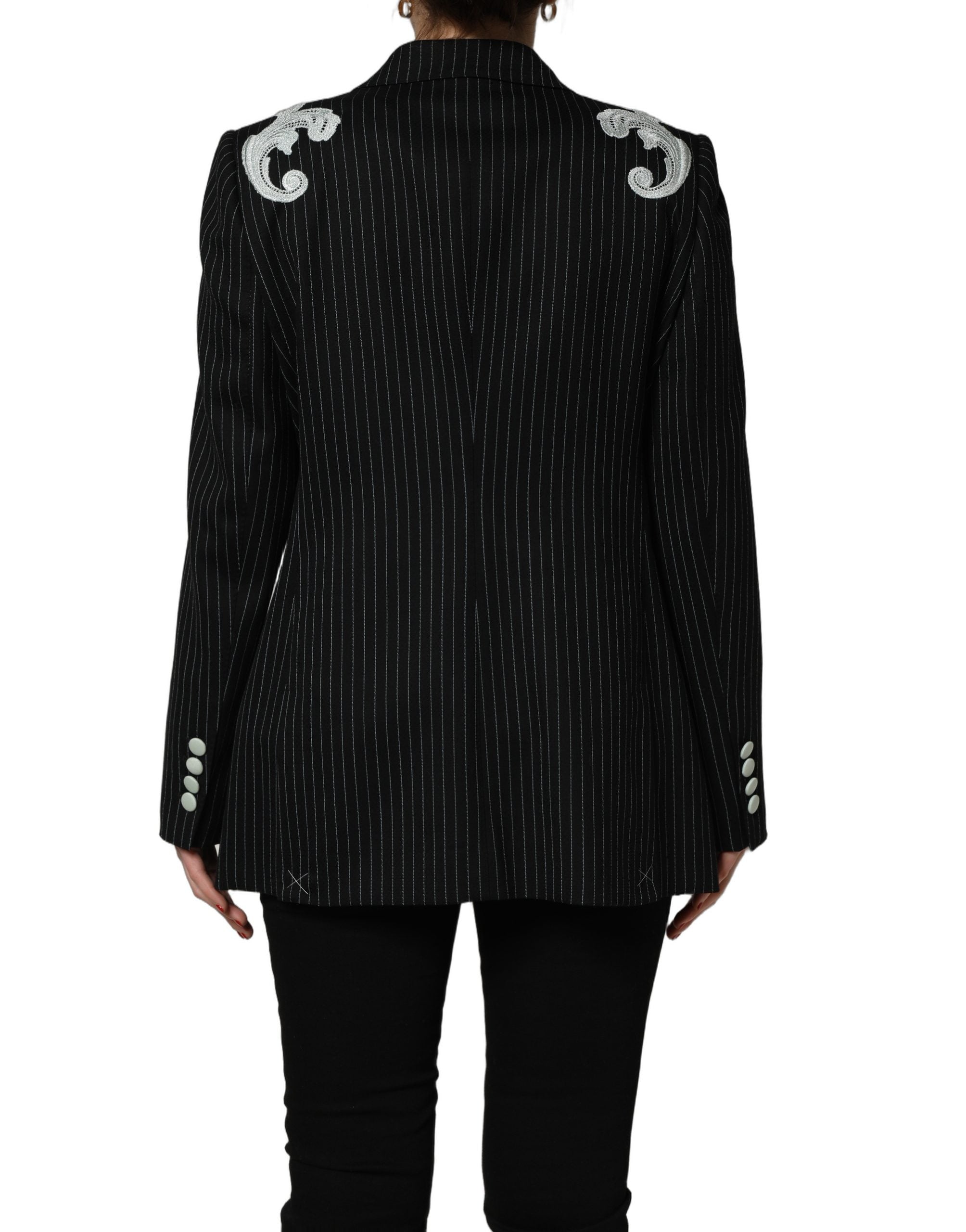 Elevate your wardrobe with the Dolce & Gabbana Black Stripe Double-Breasted Blazer, a luxurious blend of virgin wool and exquisite embroidery, embodying timeless sophistication.