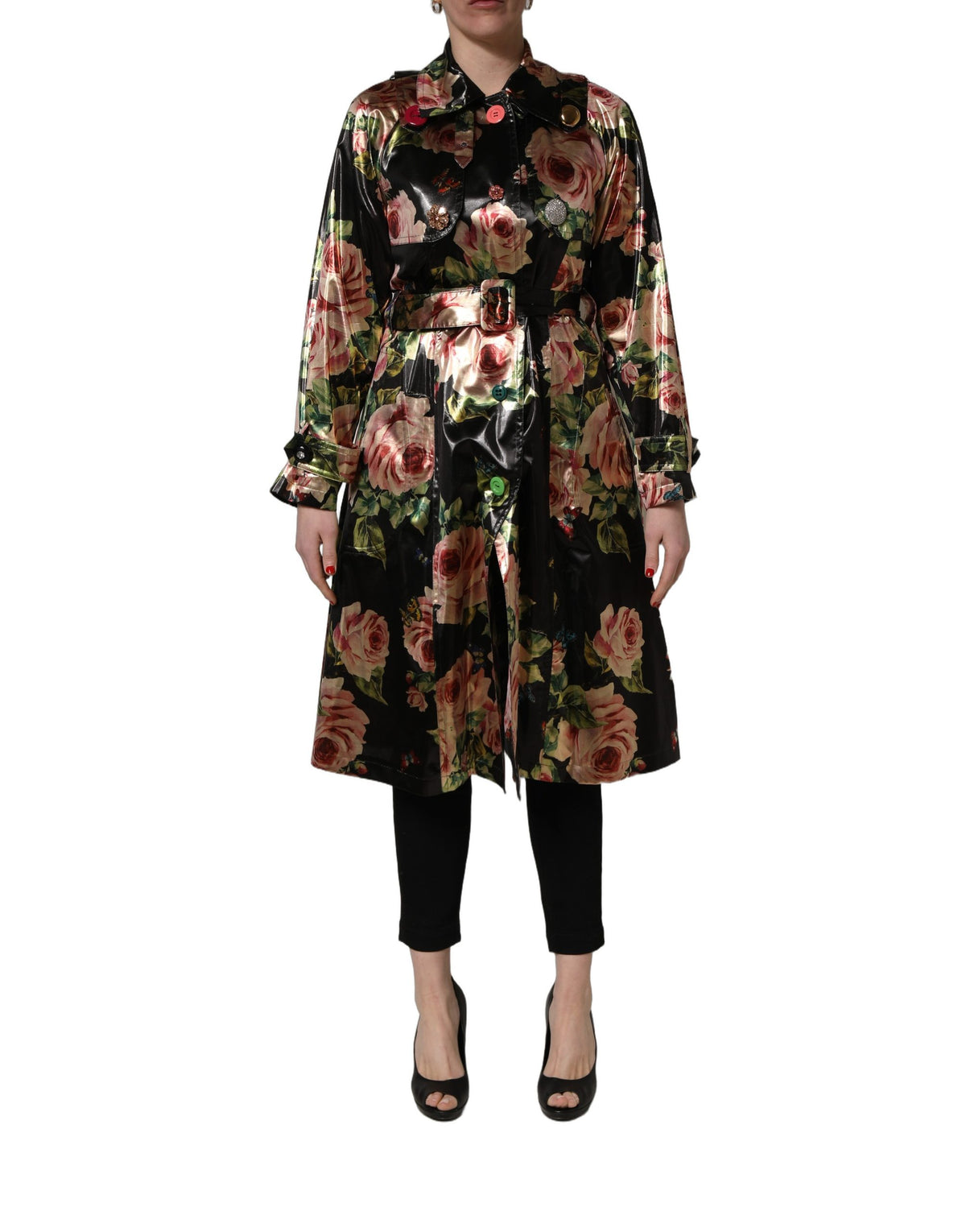 Dolce & Gabbana Black Floral Belted Trench Coat - Couture Elegance