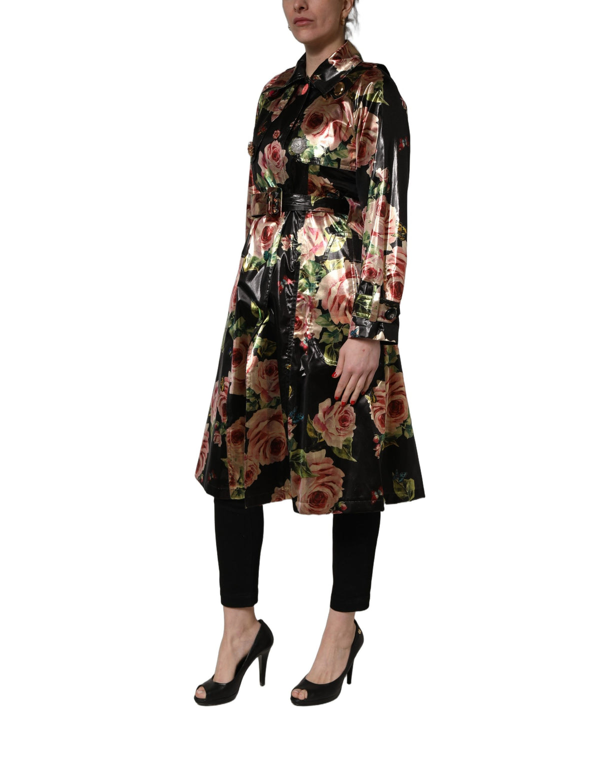 Dolce & Gabbana Black Floral Belted Trench Coat - Couture Elegance