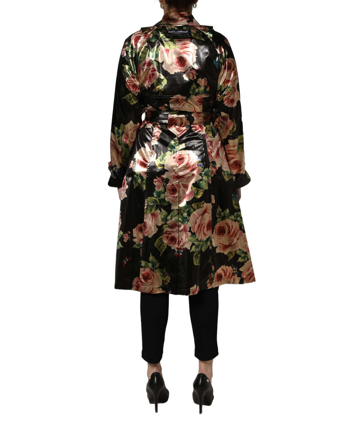 Dolce & Gabbana Black Floral Belted Trench Coat - Couture Elegance