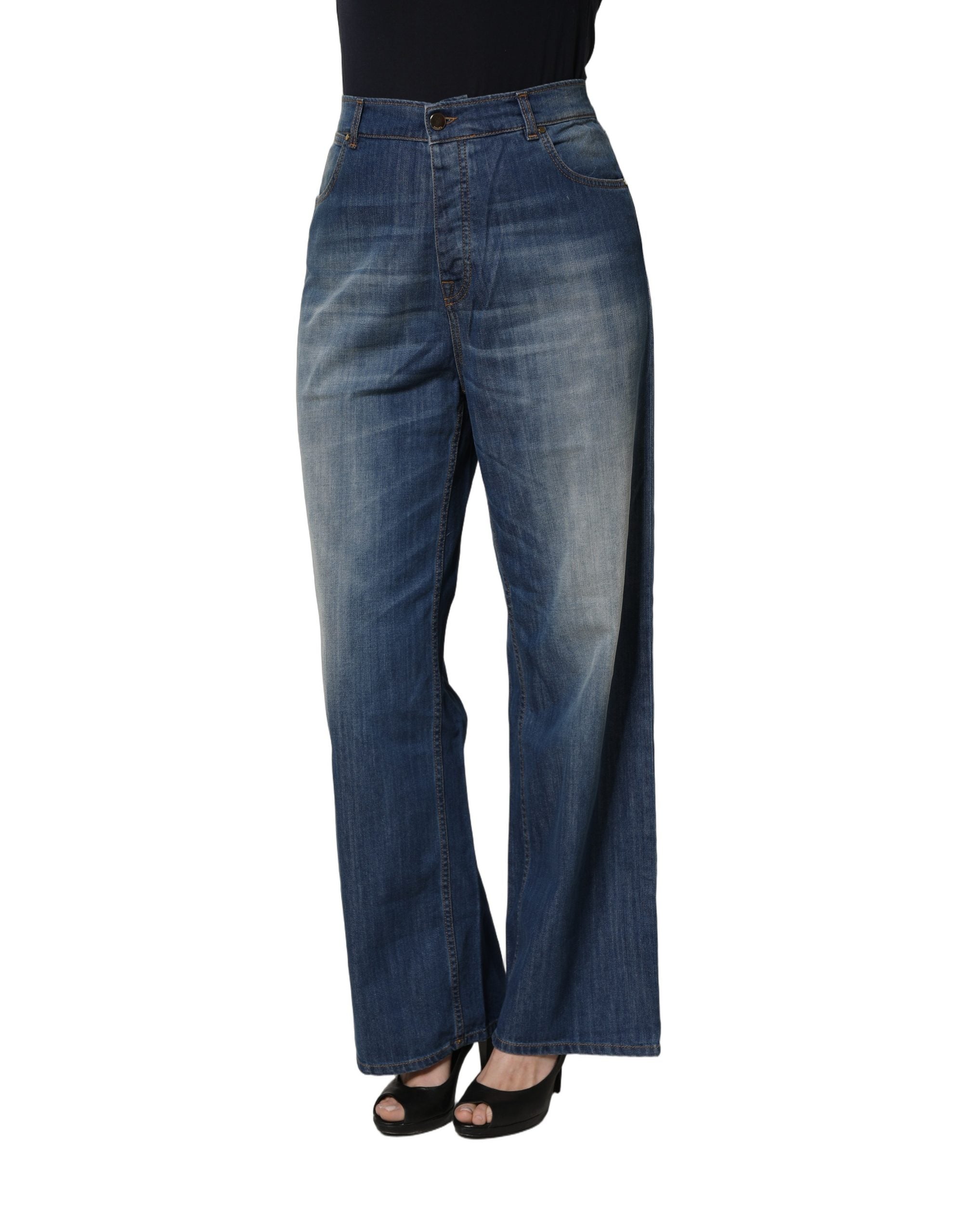 Elevate your wardrobe with PINKO's Blue Washed High Waist Wide Leg Denim, crafted from luxurious stretch cotton for a timeless, sophisticated silhouette.