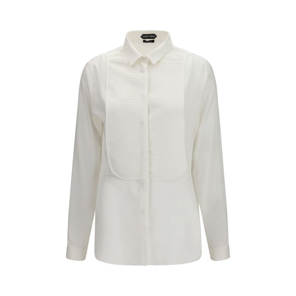Experience the Tom Ford White Silk Dress Shirt, a masterpiece of 100% silk craftsmanship, redefining luxury for those who command elegance and sophistication.