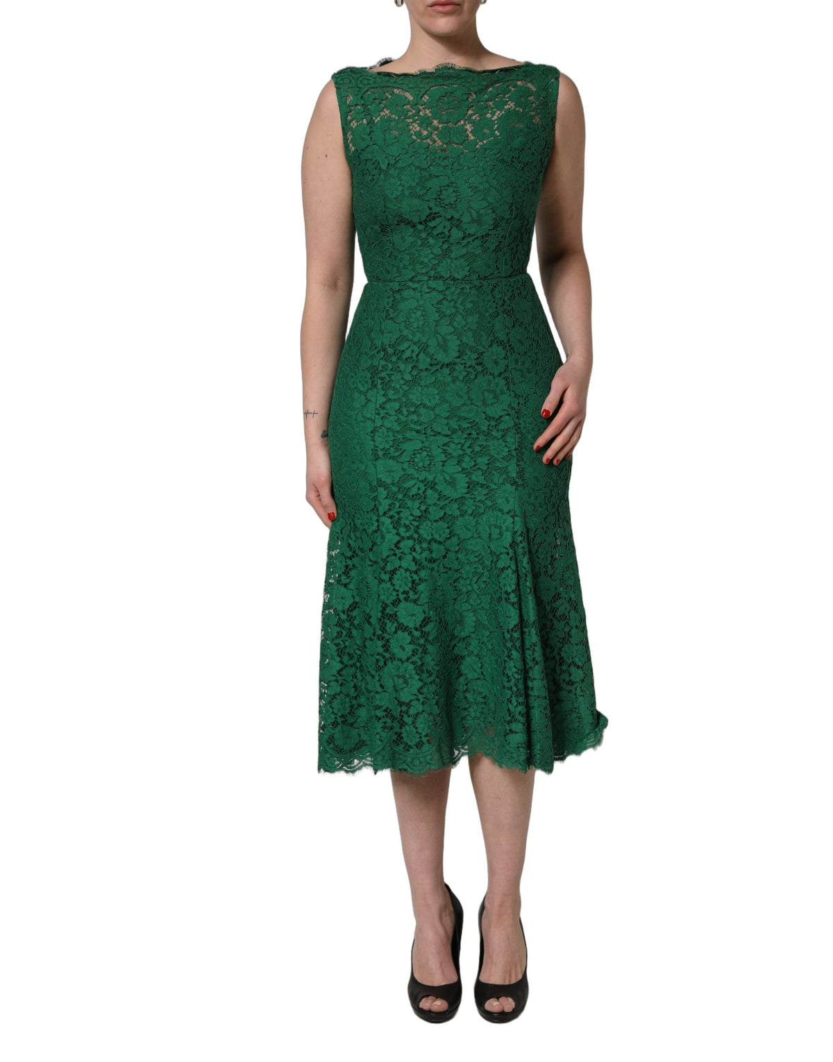 Dolce & Gabbana Green Floral Lace Midi Dress - Exquisite Elegance